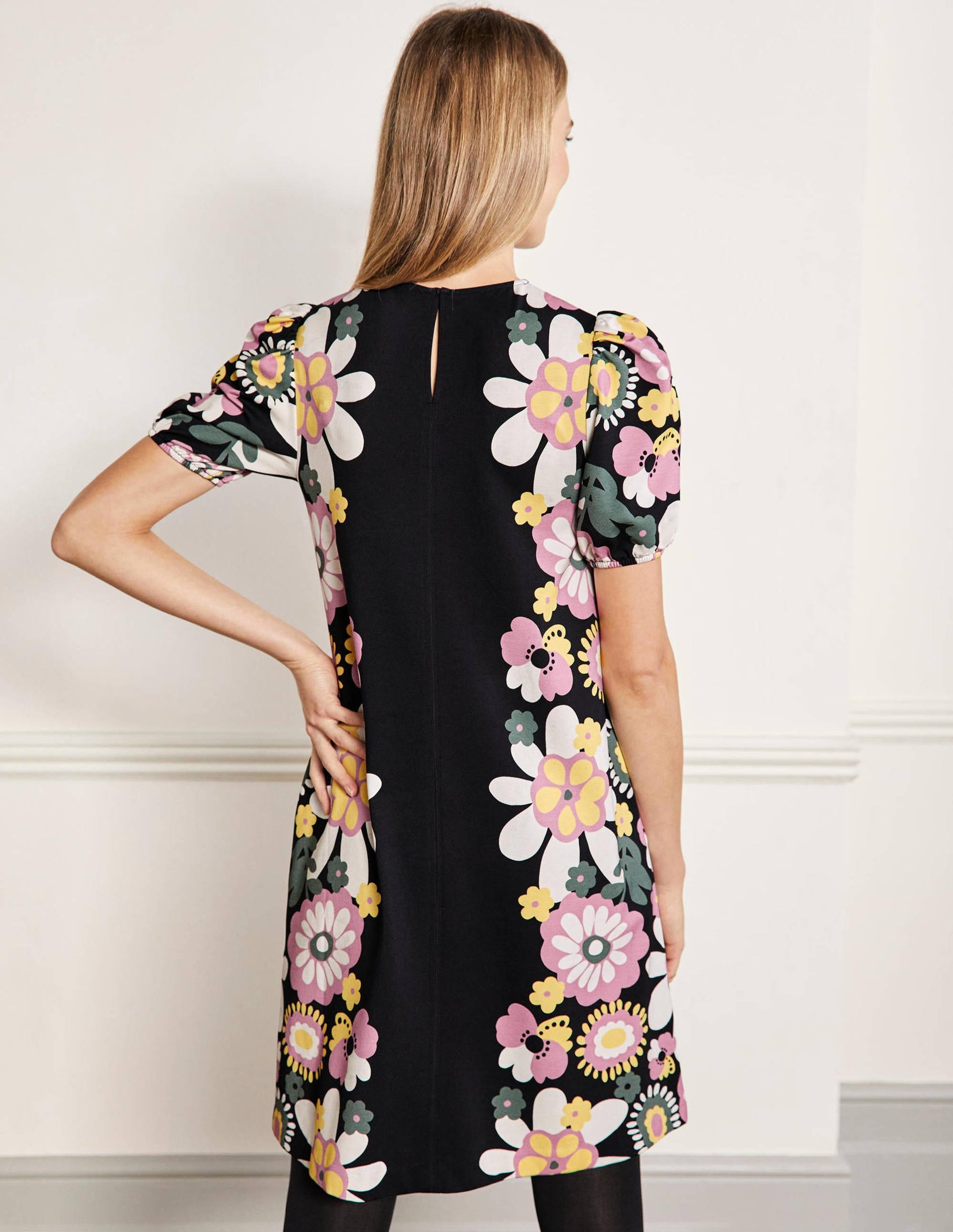 Seam Detail Jersey Shift Dress-Black Flora Bloom-3
