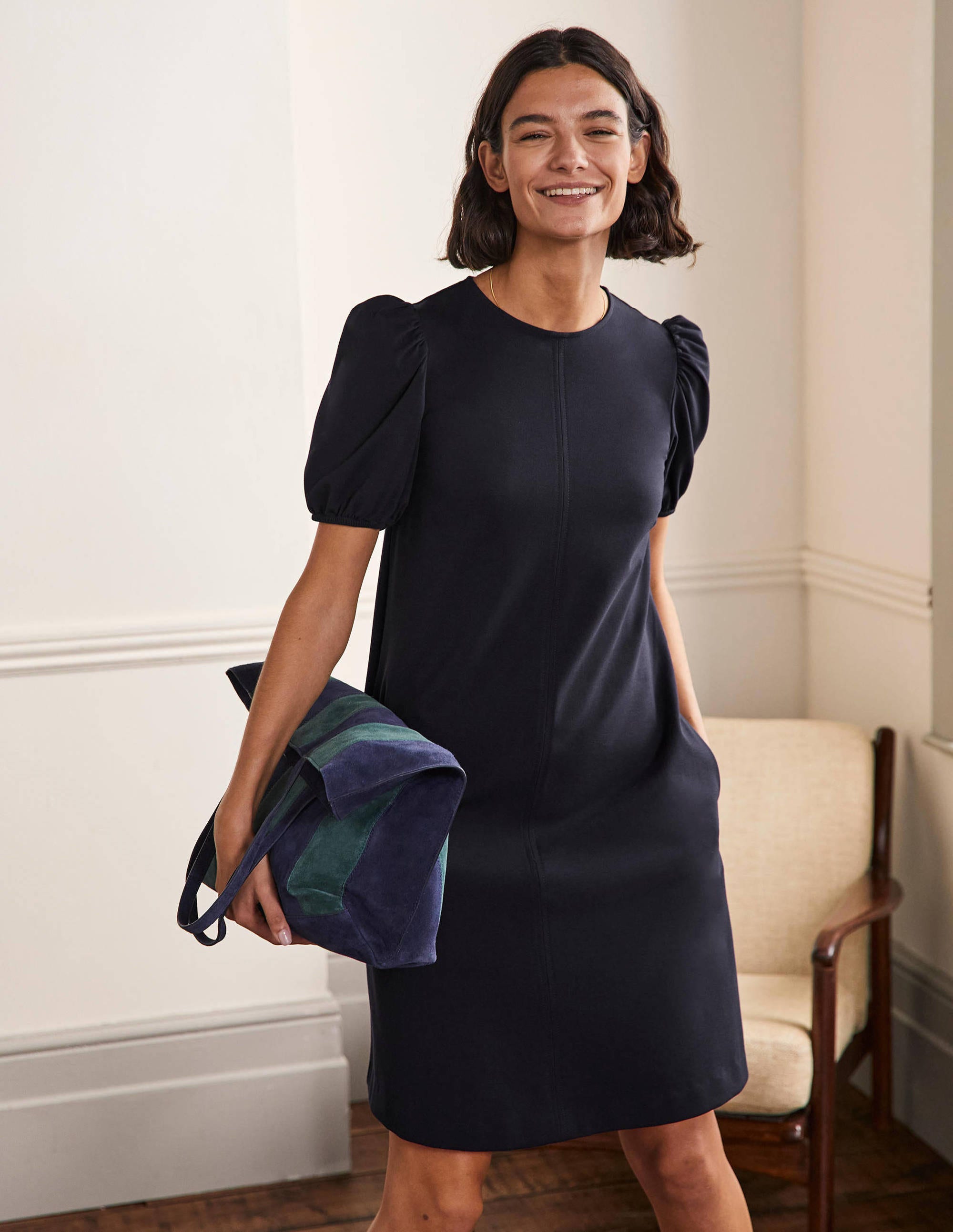 Seam Detail Jersey Shift Dress-Navy - Image 1