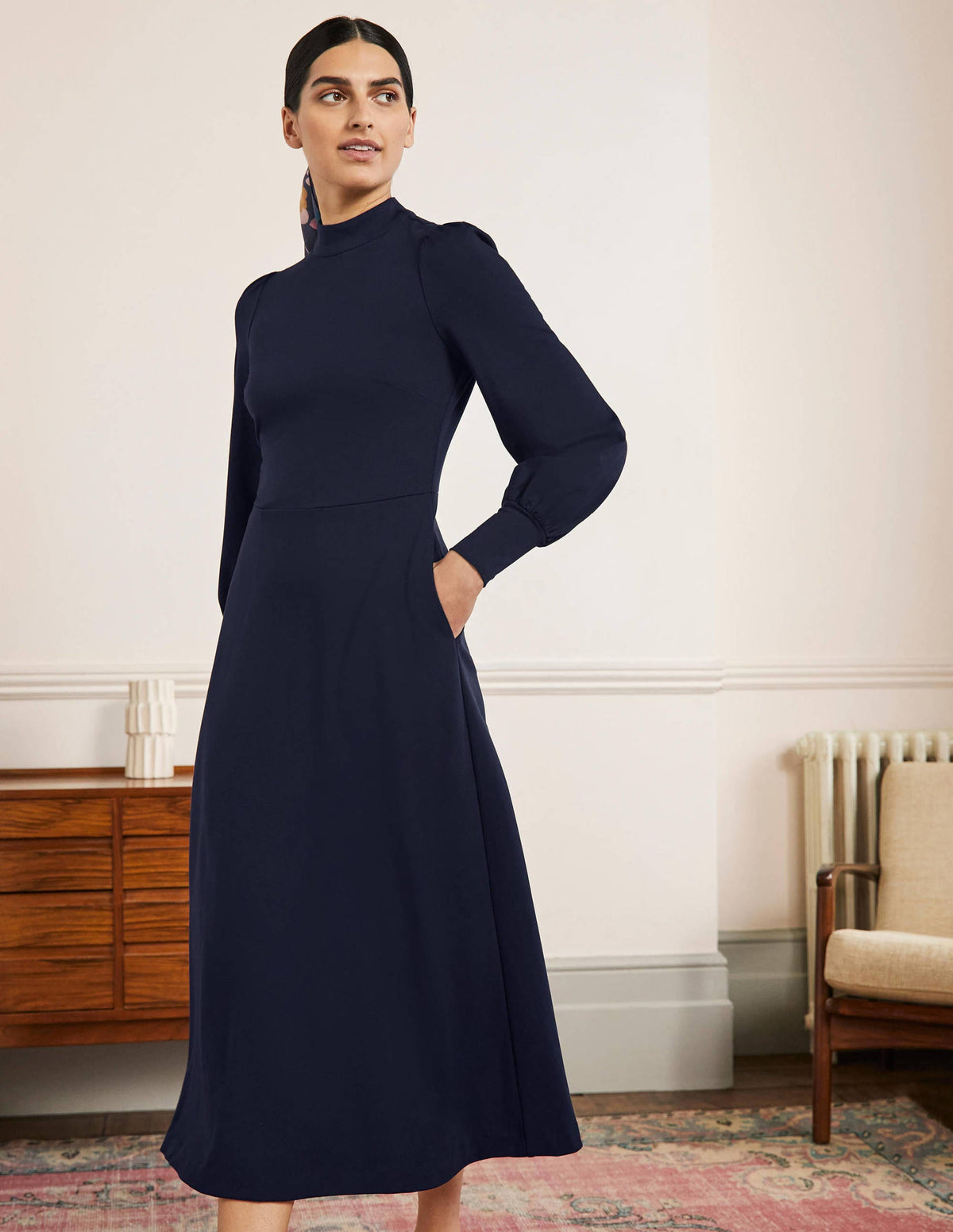 Cuffed Jersey Midi Dress-Navy-1