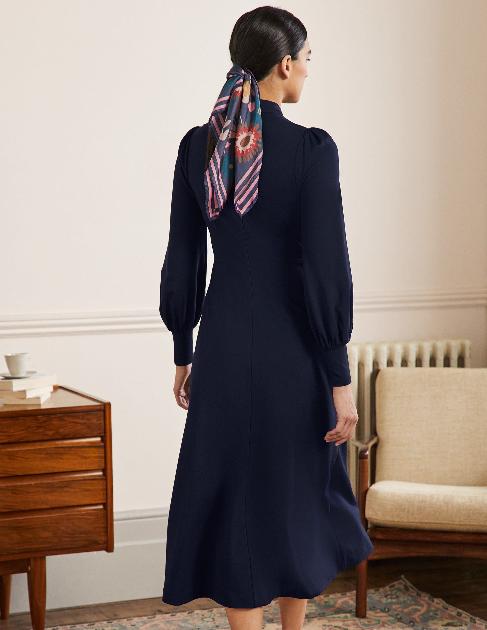 Cuffed Jersey Midi Dress-Navy - Image 3
