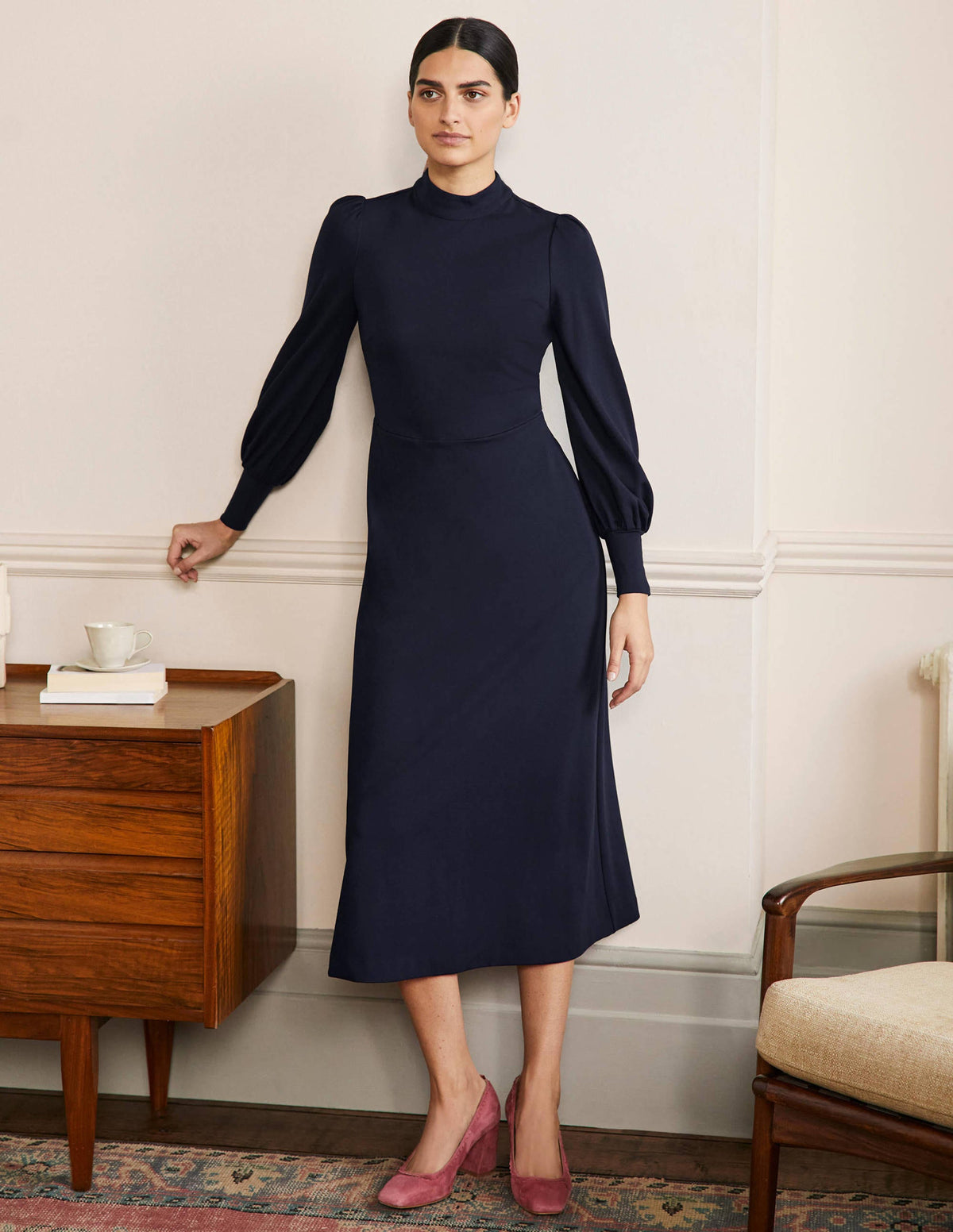 Cuffed Jersey Midi Dress-Navy - Image 4