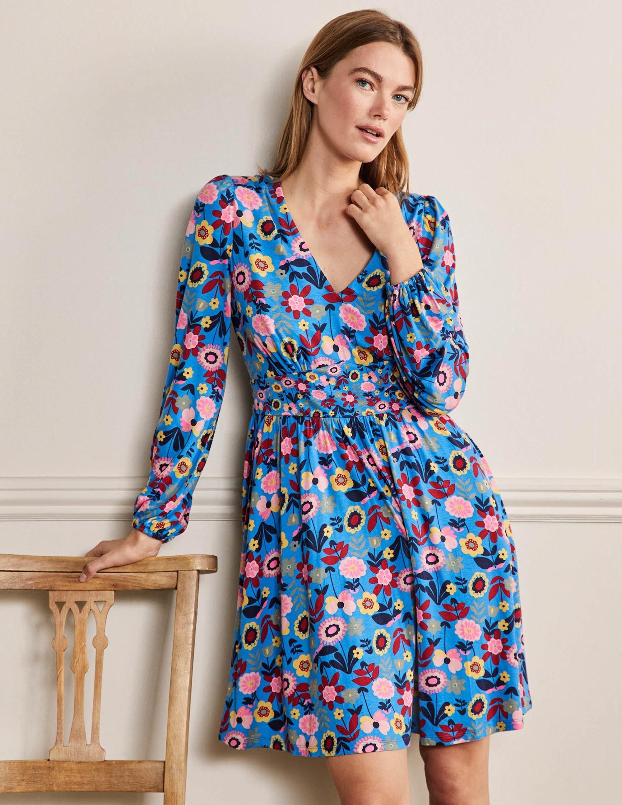 Jersey Mini Tea Dress-Moroccan Blue, Flora Bloom - Image 1