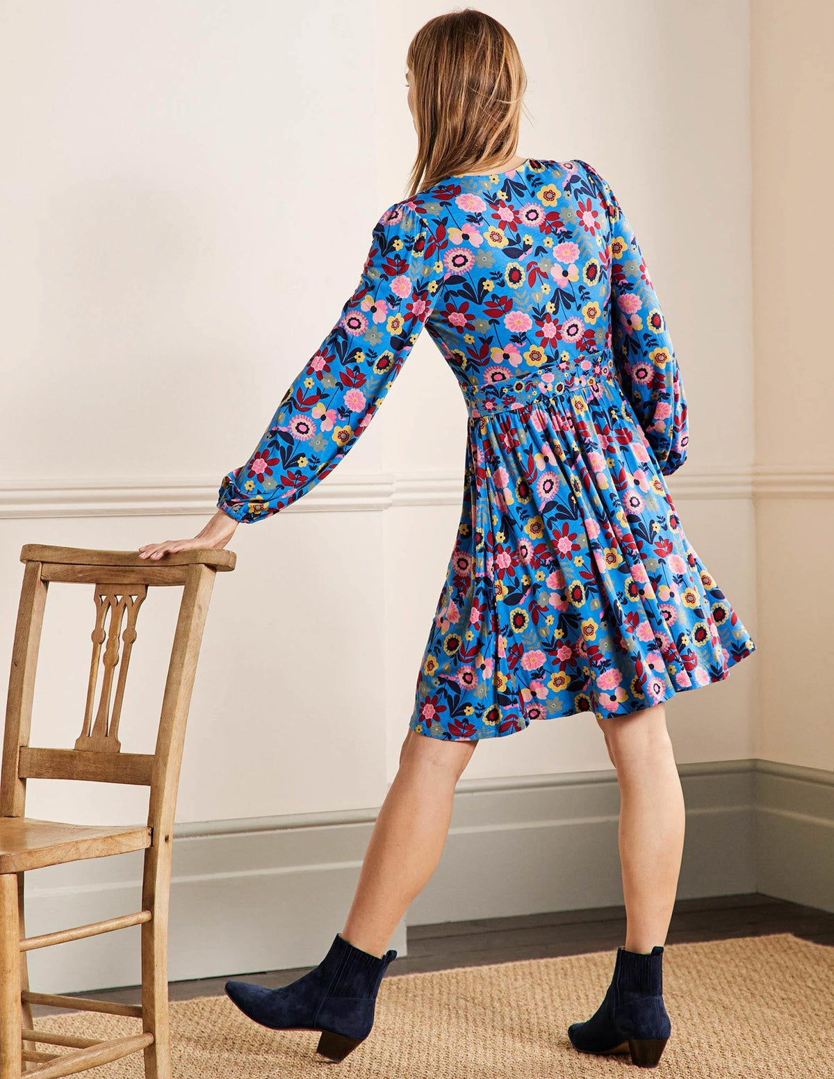 Jersey Mini Tea Dress-Moroccan Blue, Flora Bloom - Image 3