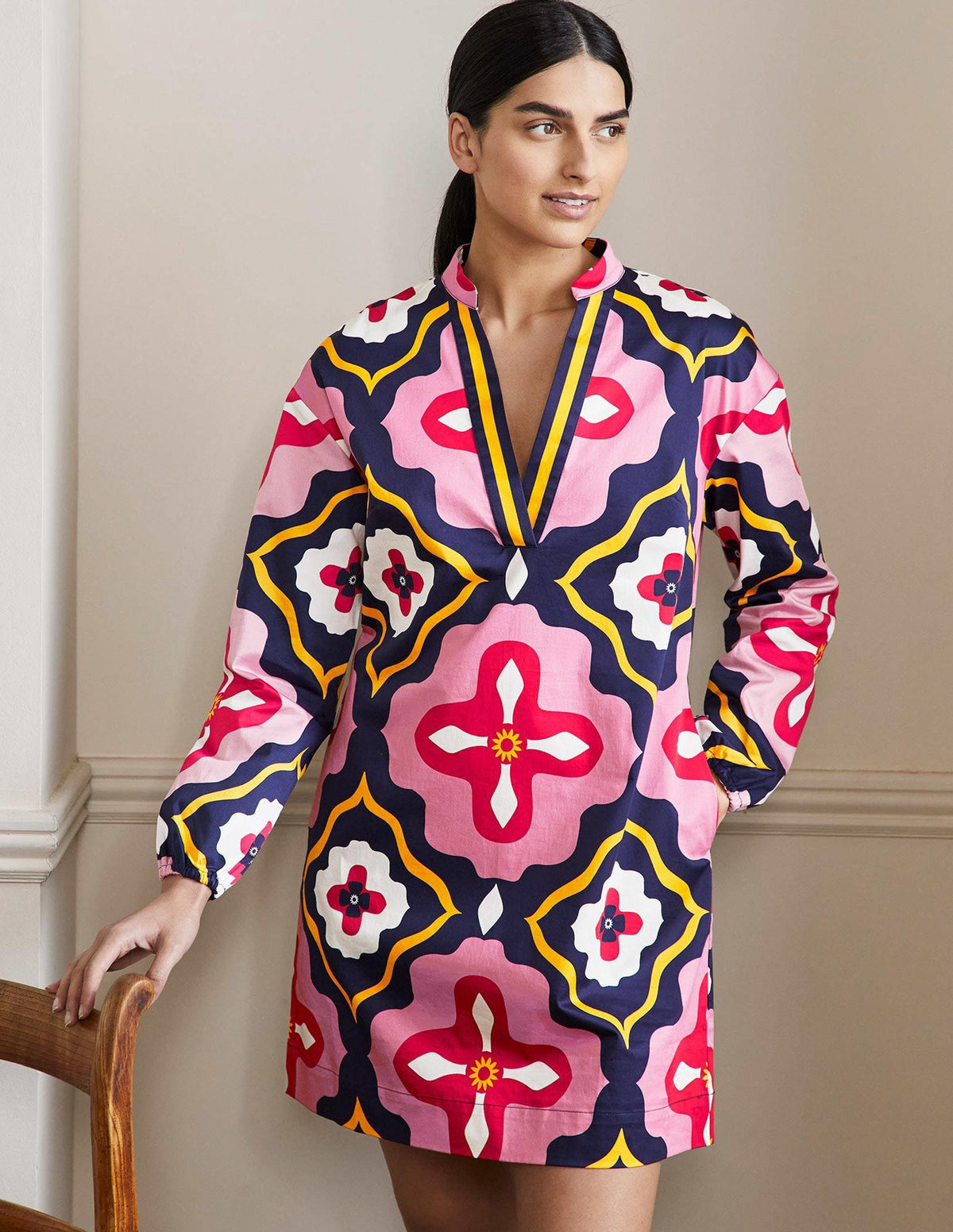 Notch Neck Mini Shift Dress-French Navy, Moroccan Diamond - Image 1