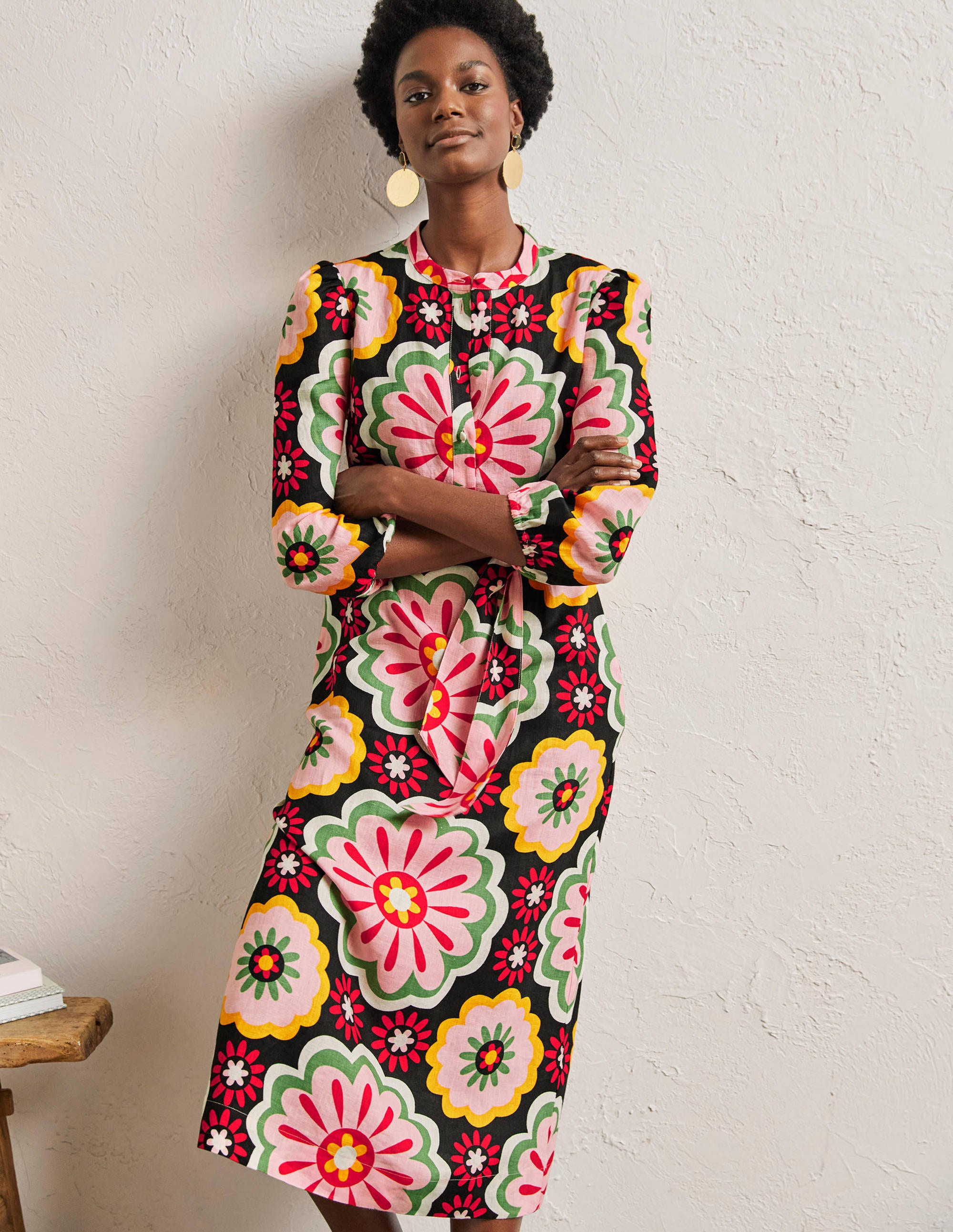 Linen Midi Shirt Dress-Black, Opulent Daisy - Image 1