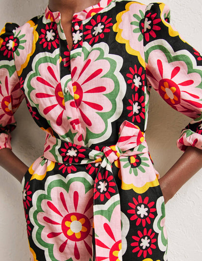 Linen Midi Shirt Dress-Black, Opulent Daisy-2