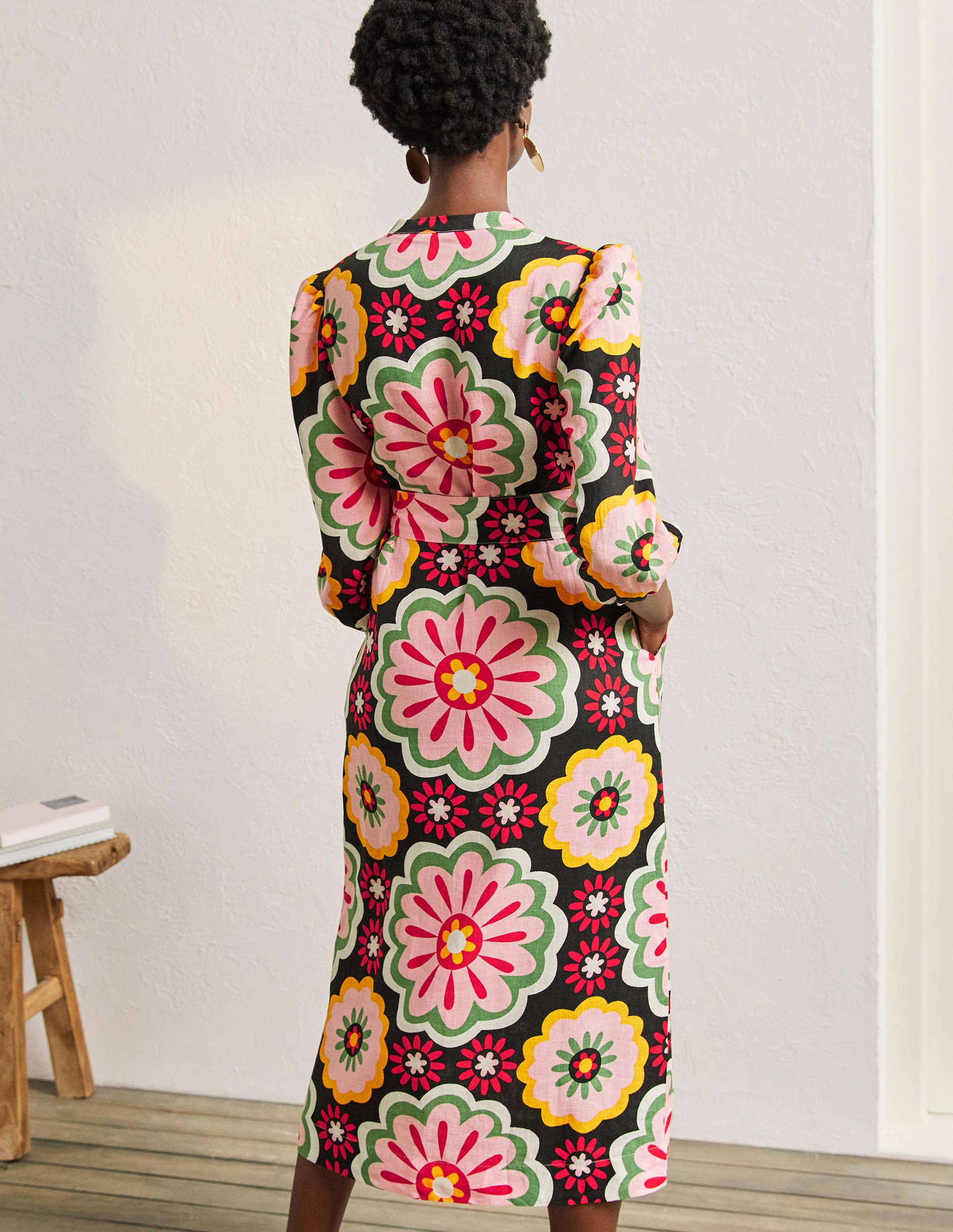 Linen Midi Shirt Dress-Black, Opulent Daisy - Image 3