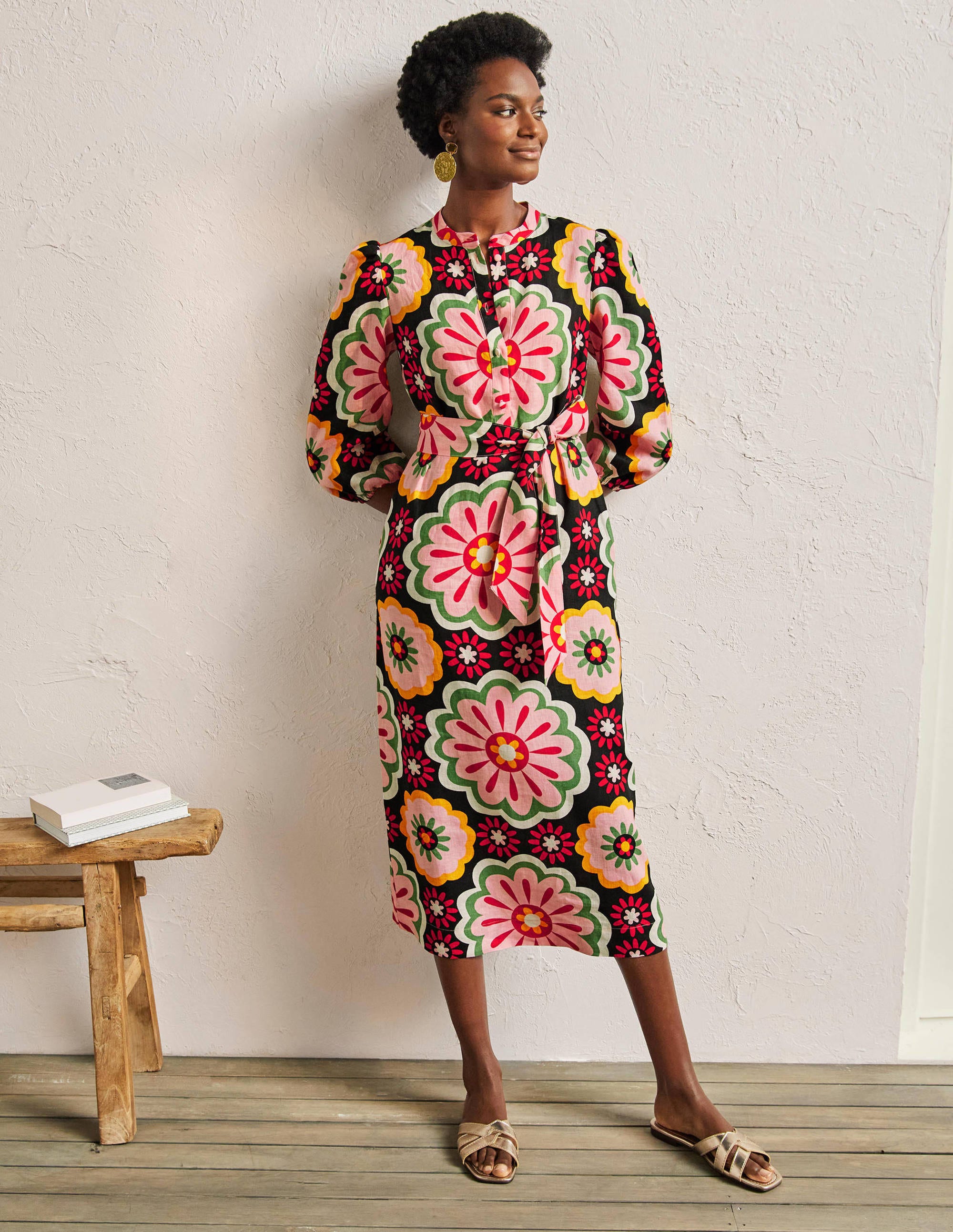 Linen Midi Shirt Dress-Black, Opulent Daisy - Image 4