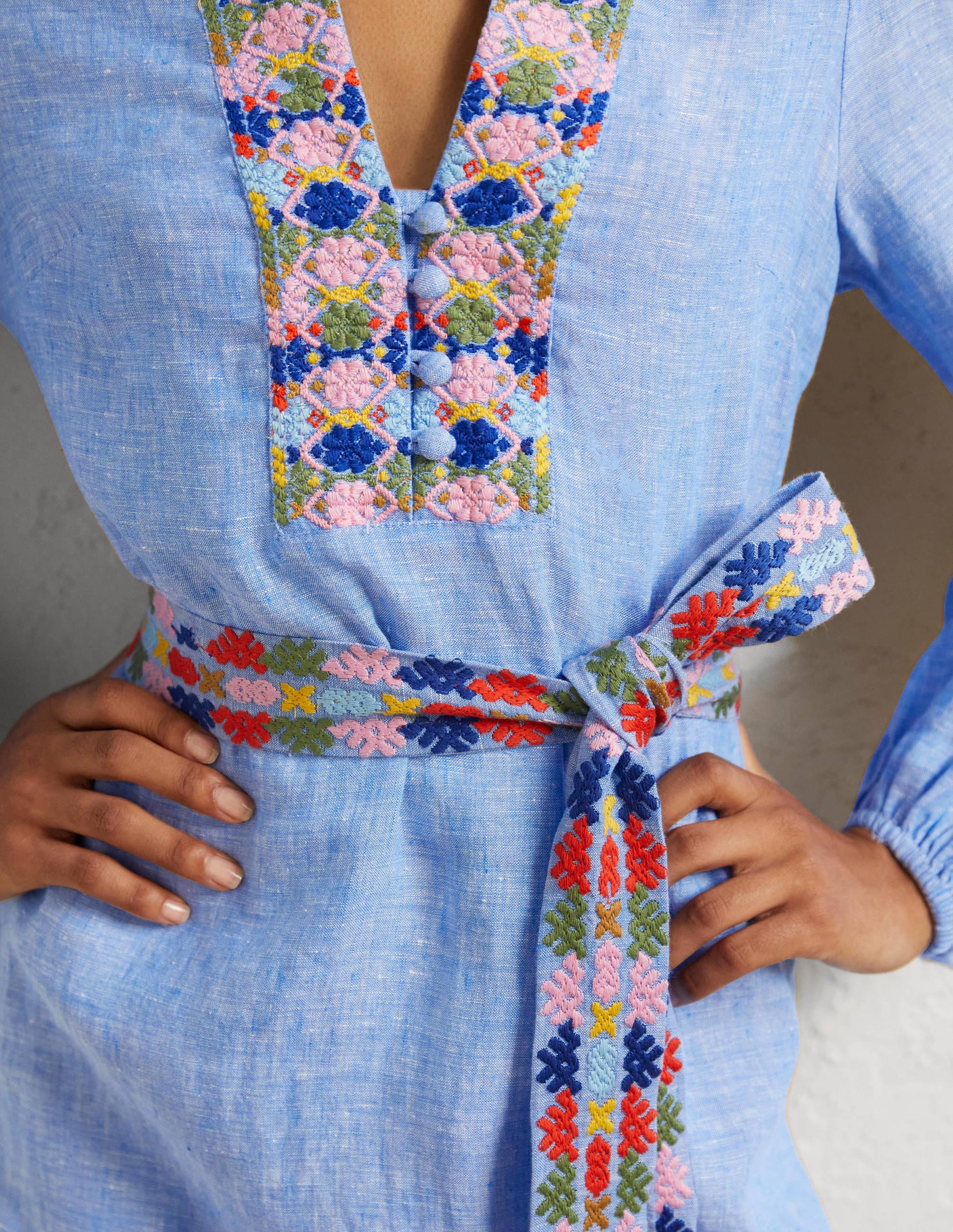 Embroidered Midi Kaftan-Chambray - Image 2