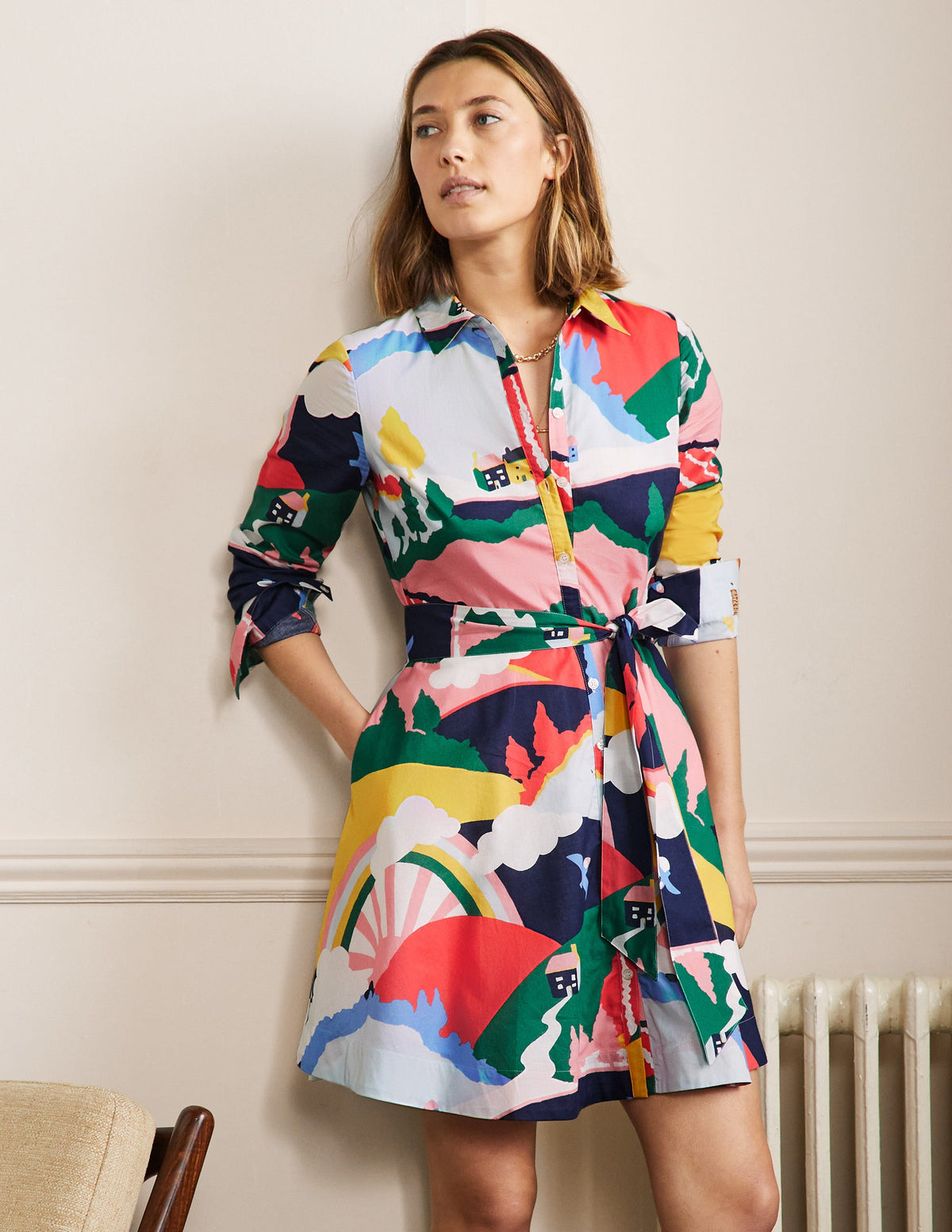 Kitty Shirt Dress-French Navy, Scenic Meadow - Image 1