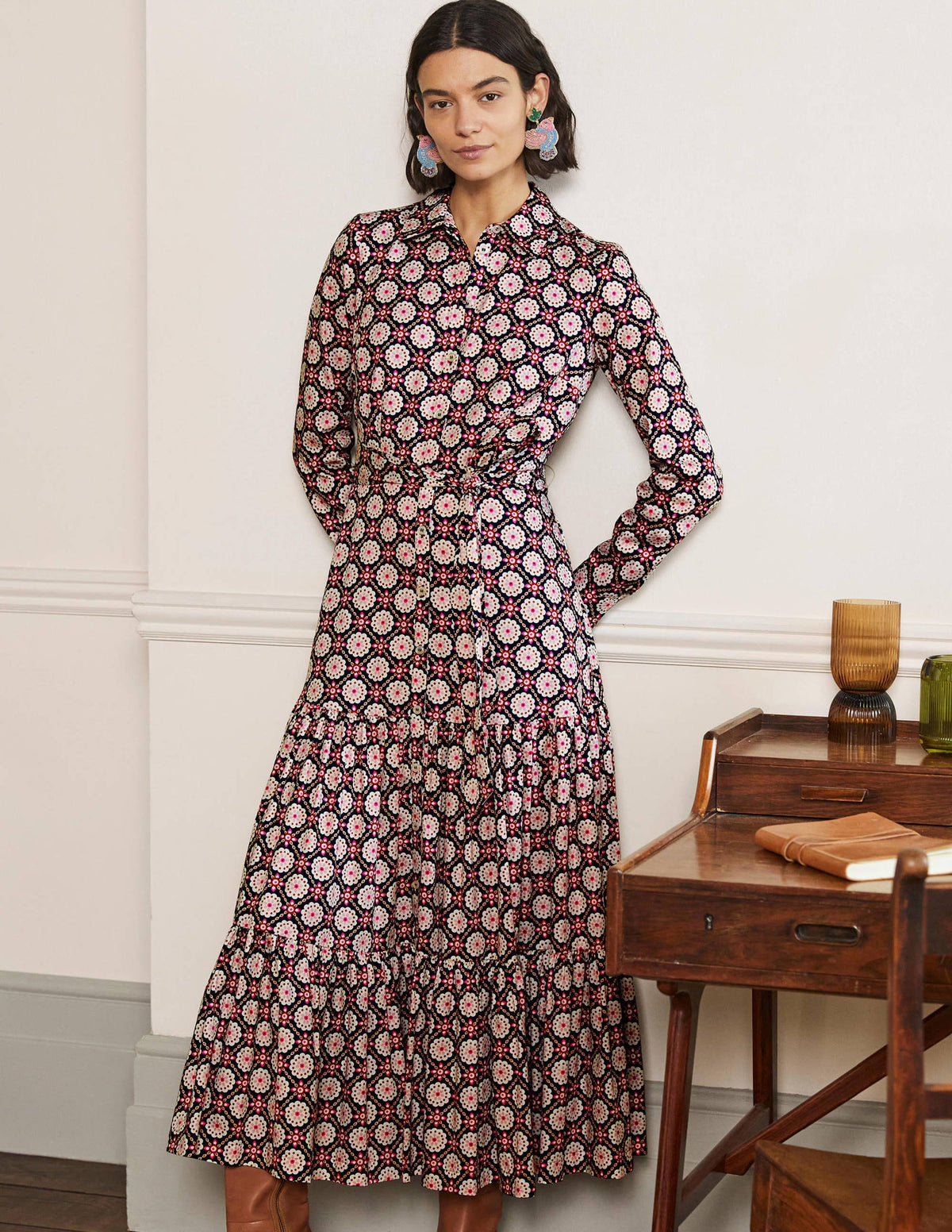 Button Through Maxi Dress-Navy Geo - Image 4