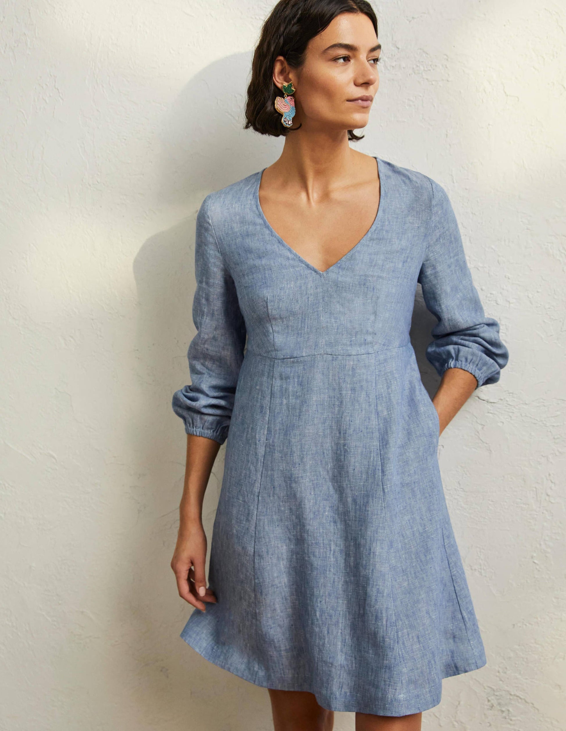 V-Neck Flippy Mini Dress-Chambray-1