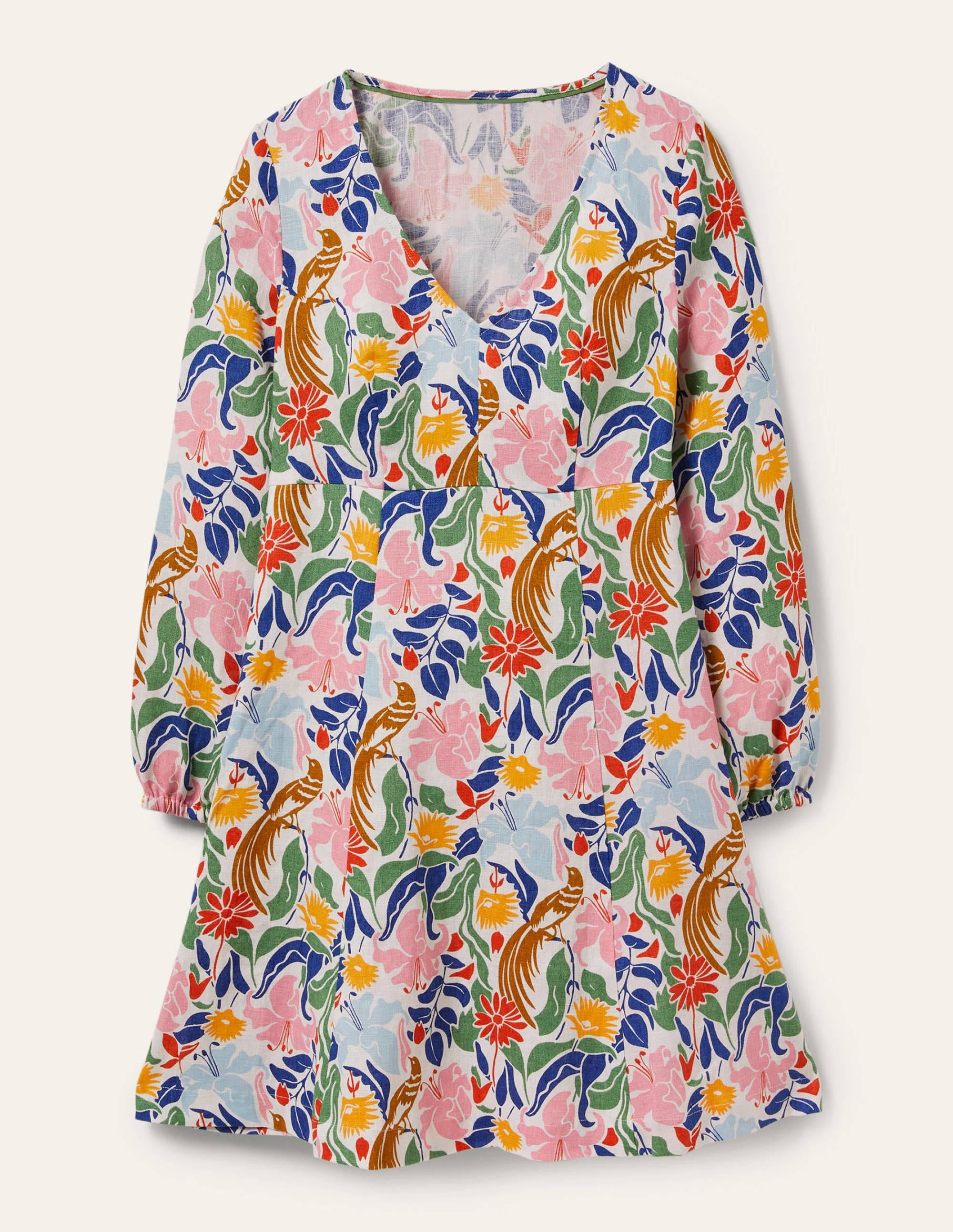 V-Neck Flippy Mini Dress-Ivory, Oriental Bird - Image 5