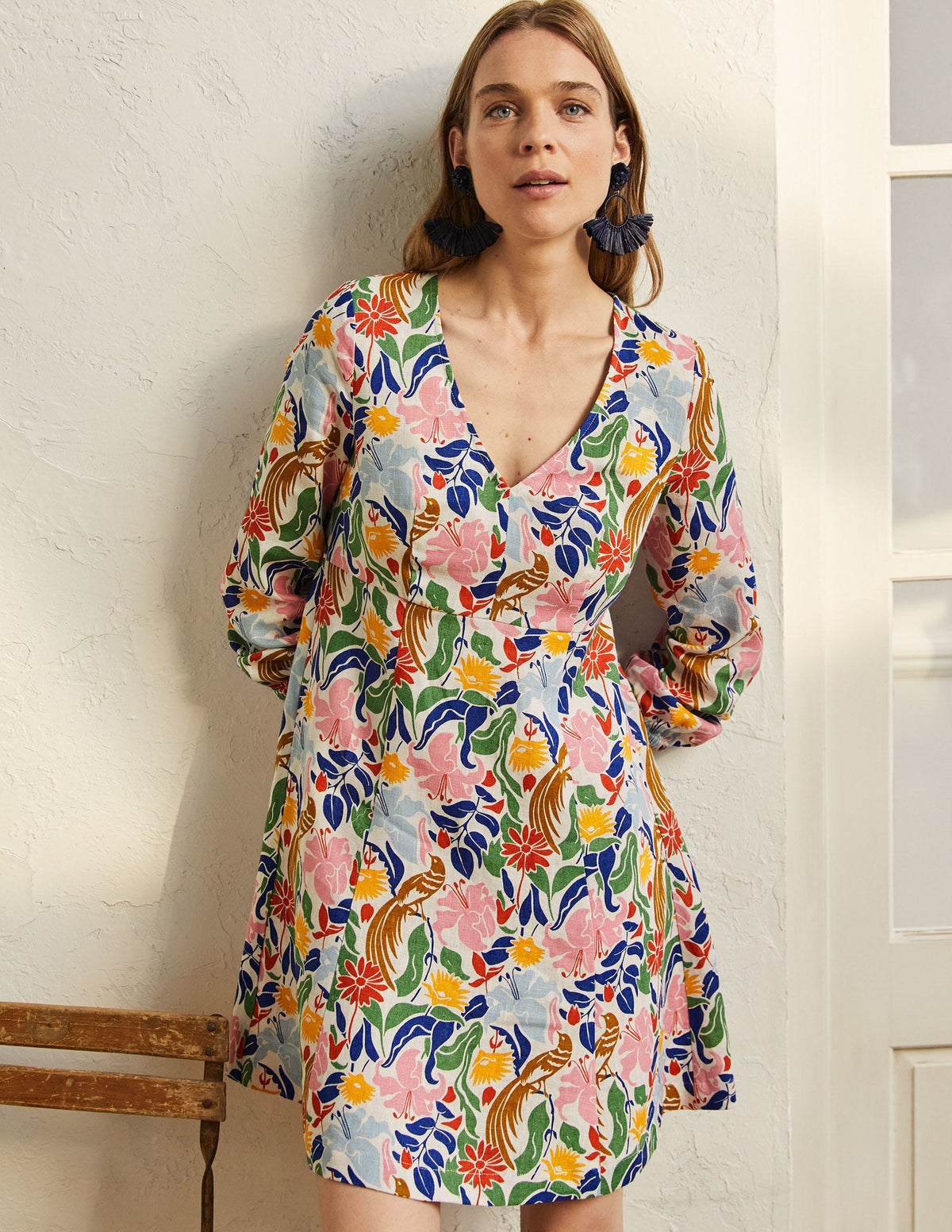 V-Neck Flippy Mini Dress-Ivory, Oriental Bird - Image 1