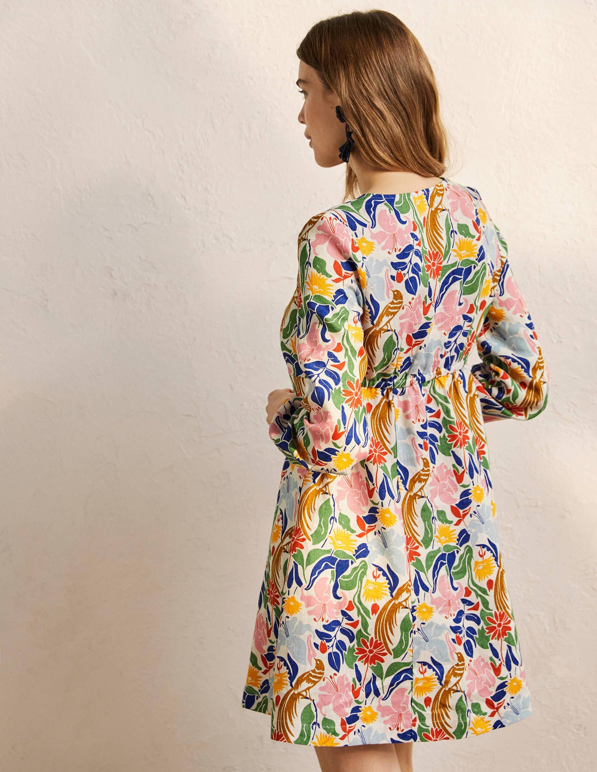 V-Neck Flippy Mini Dress-Ivory, Oriental Bird-3