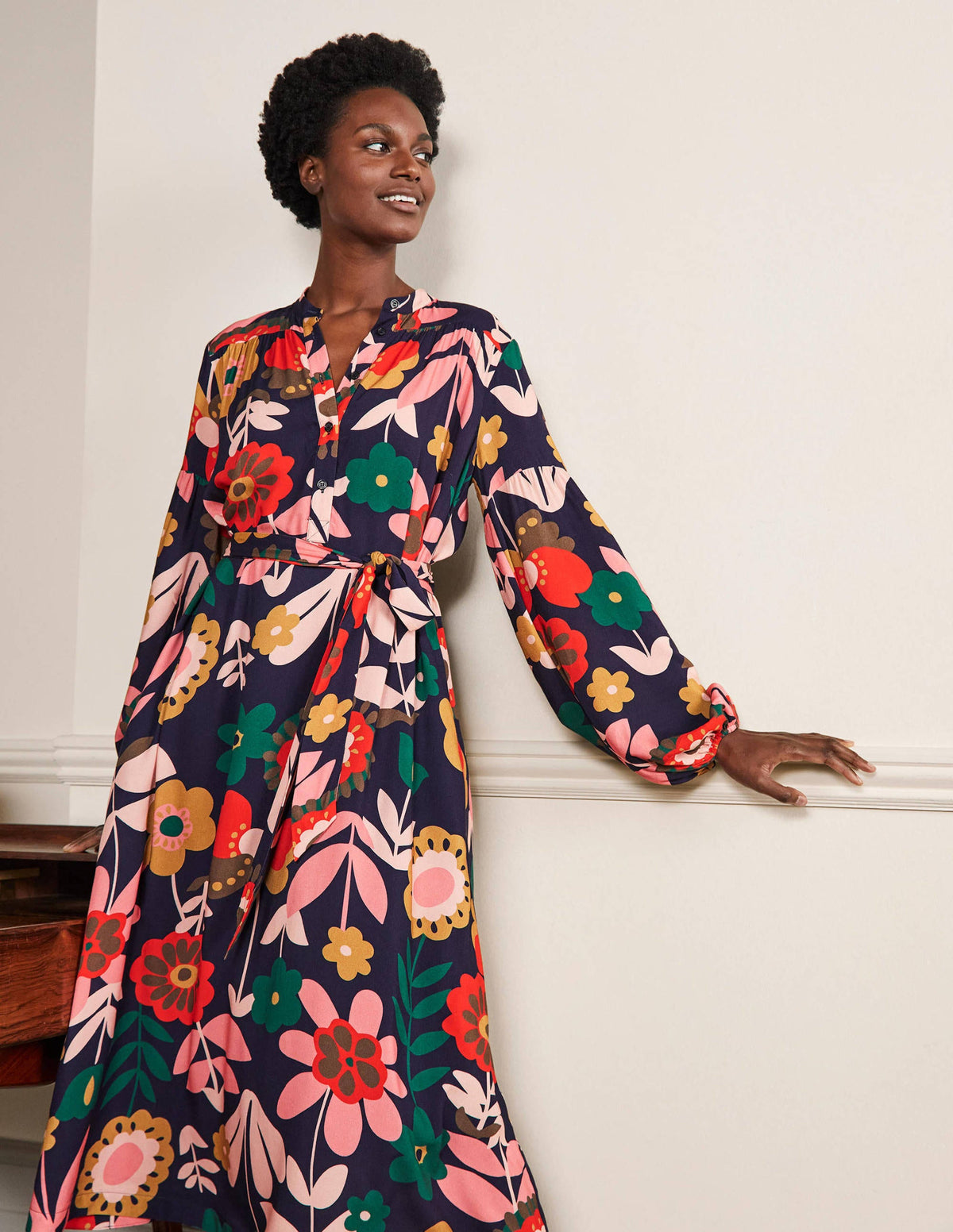Blouson Sleeve Midi Dress-French Navy, Flora Bloom-1