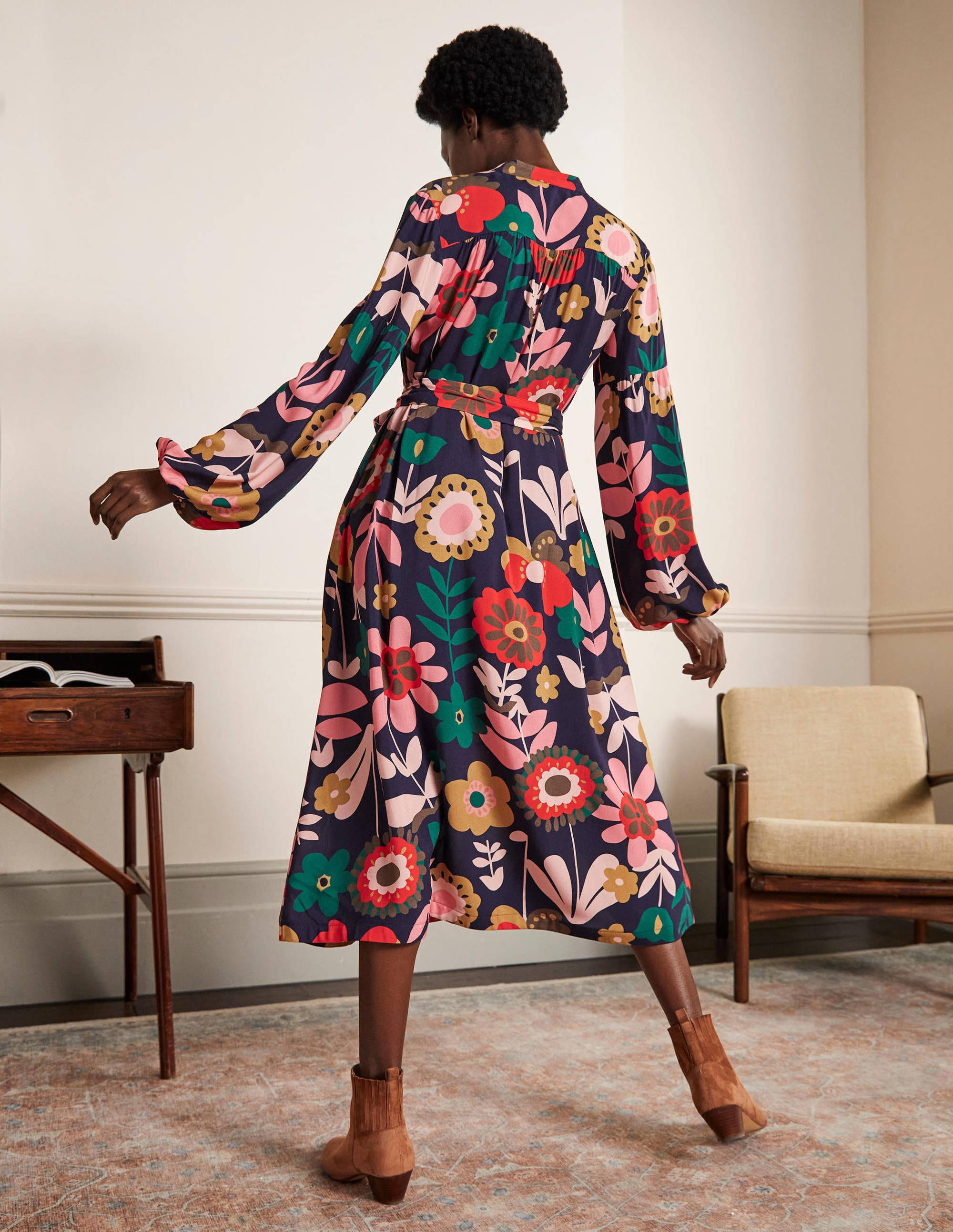 Blouson Sleeve Midi Dress-French Navy, Flora Bloom - Image 3