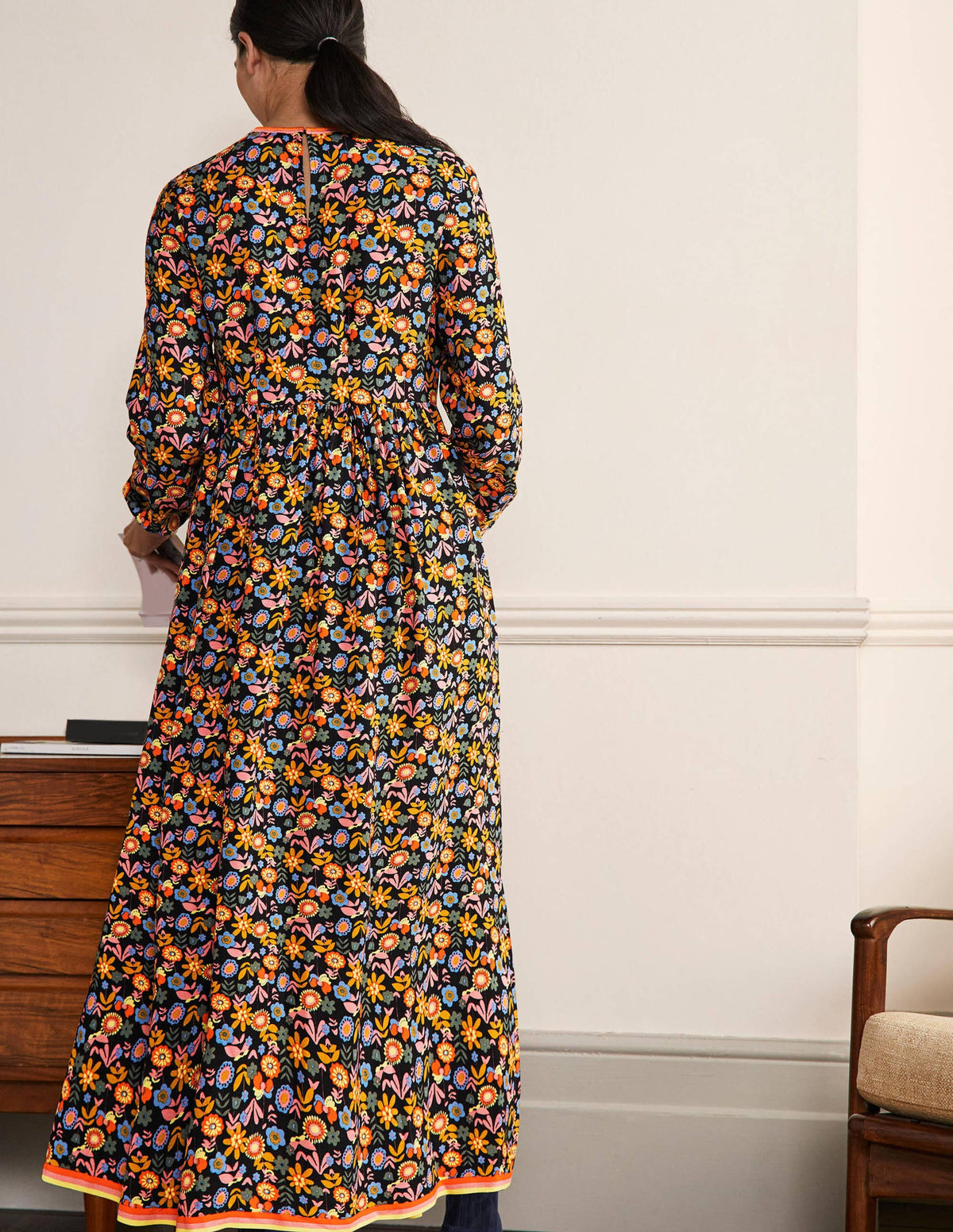 Trim Detail Maxi Dress-Black, Multi Flora Bloom - Image 3