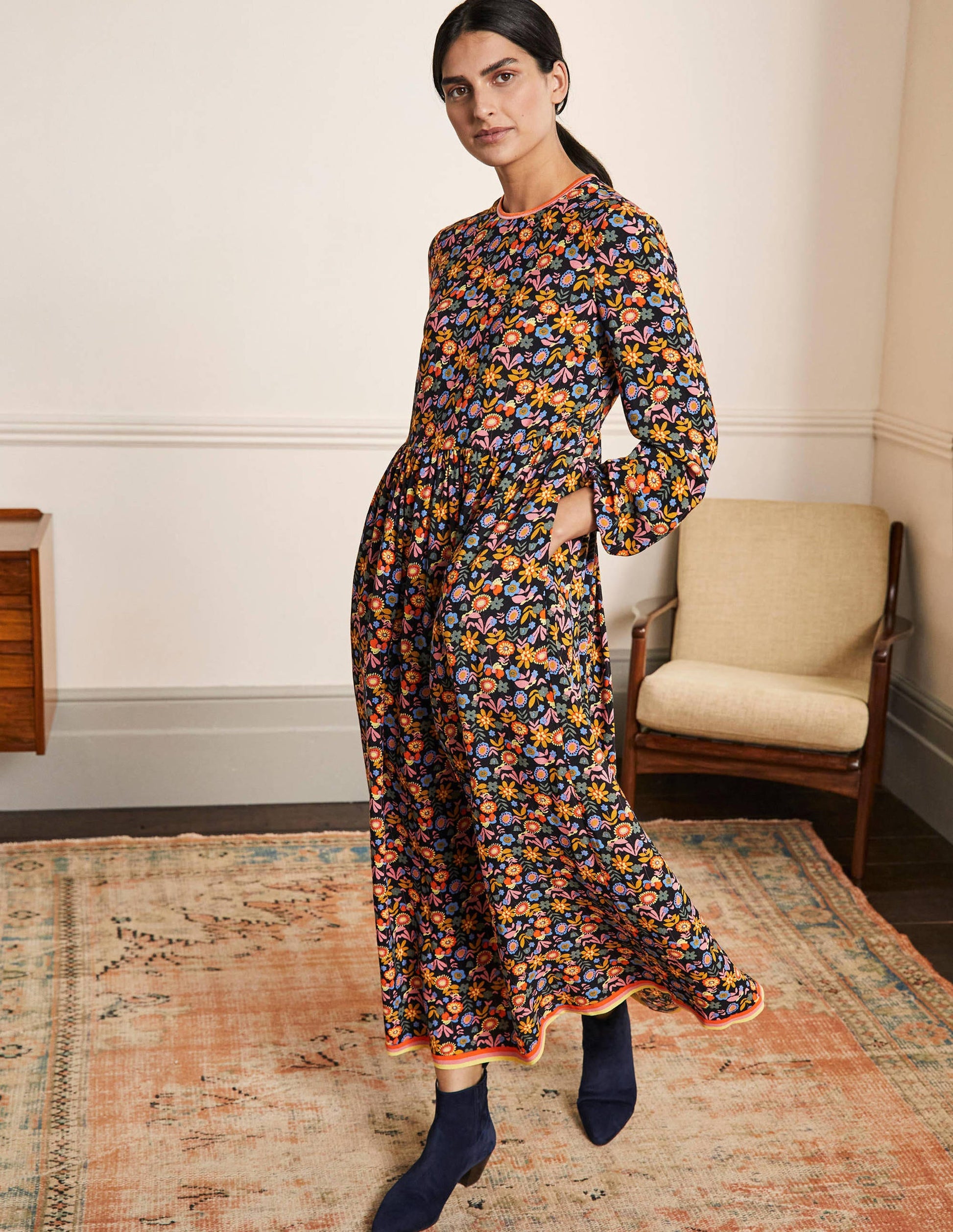 Trim Detail Maxi Dress-Black, Multi Flora Bloom-4