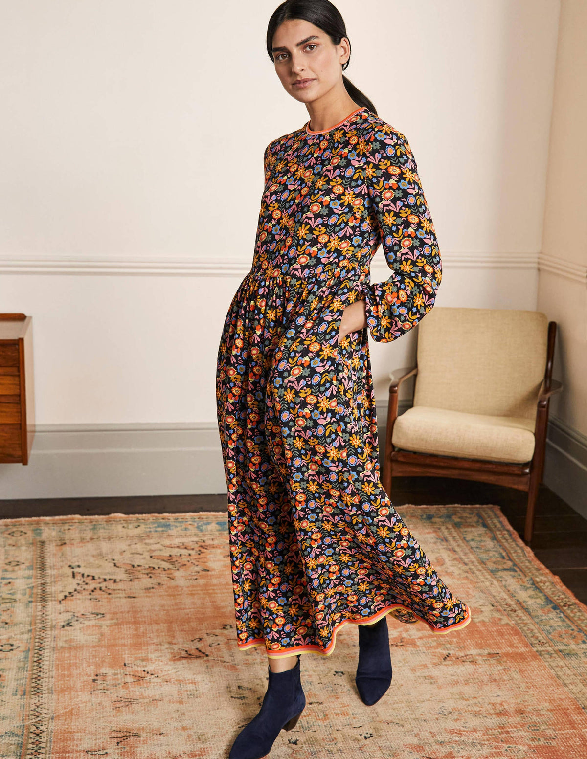 Trim Detail Maxi Dress-Black, Multi Flora Bloom - Image 4