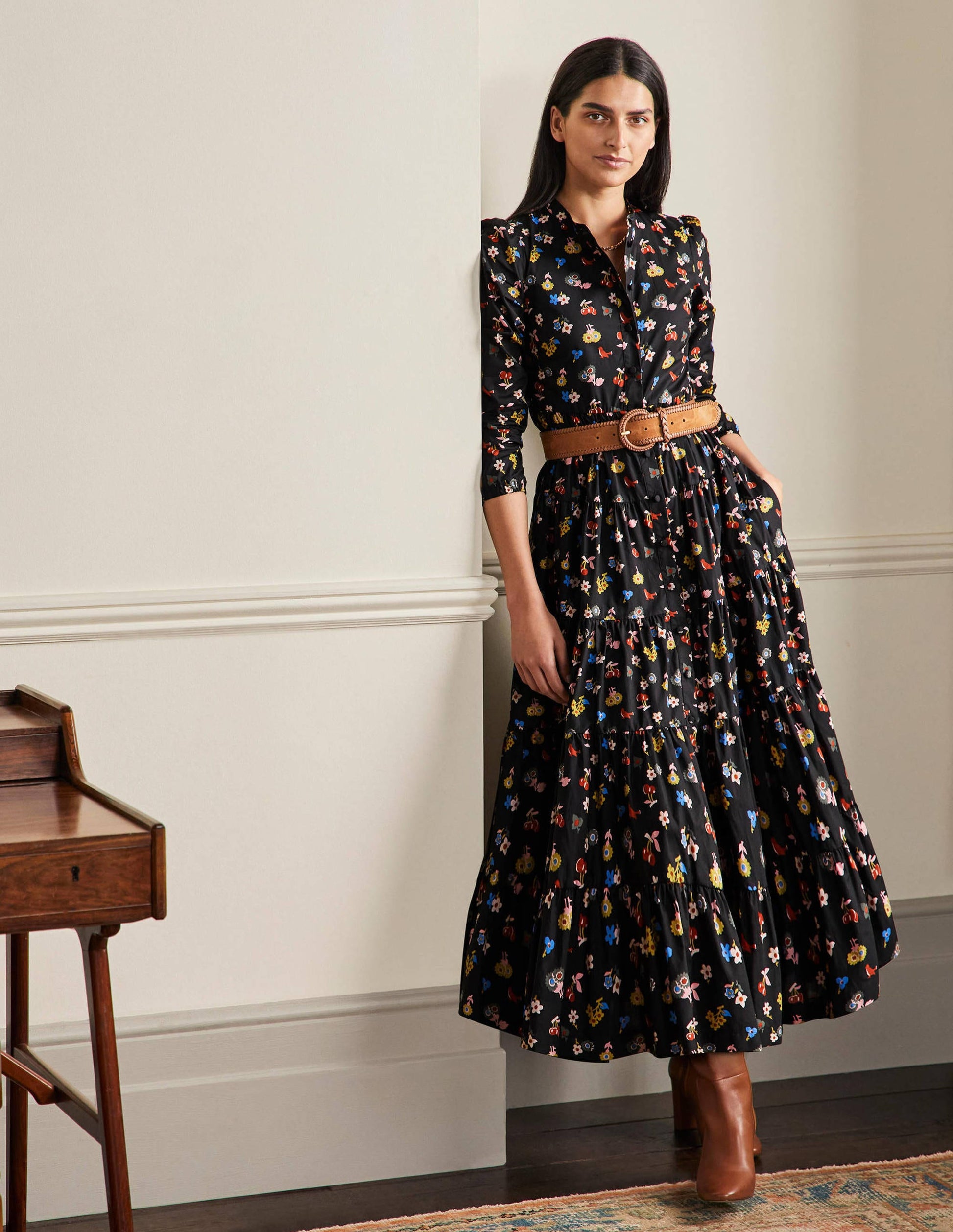 Multi Tiered Maxi Dress-Black, Woodland Bud-1