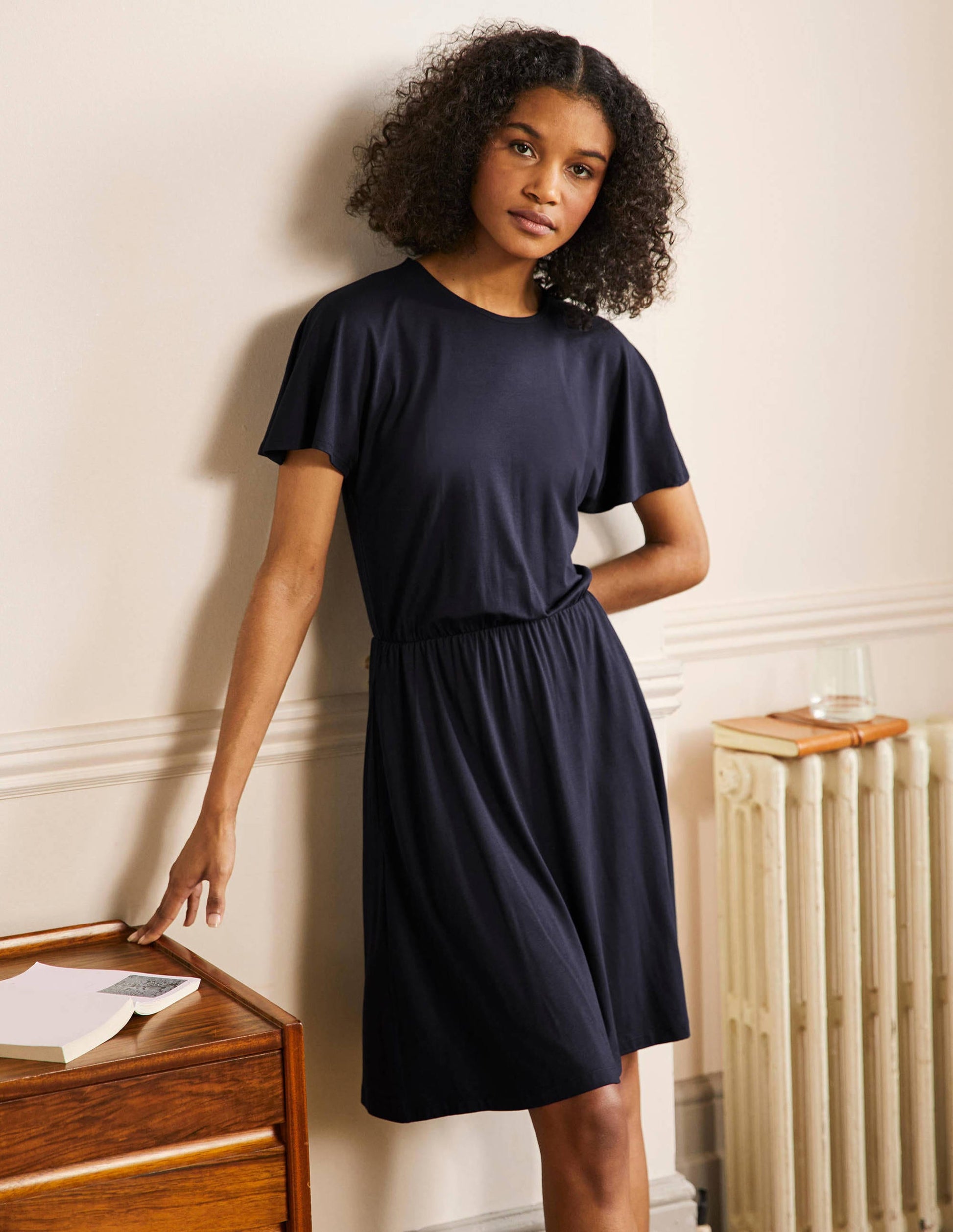 Flutter Sleeve Jersey Dress-Navy-1