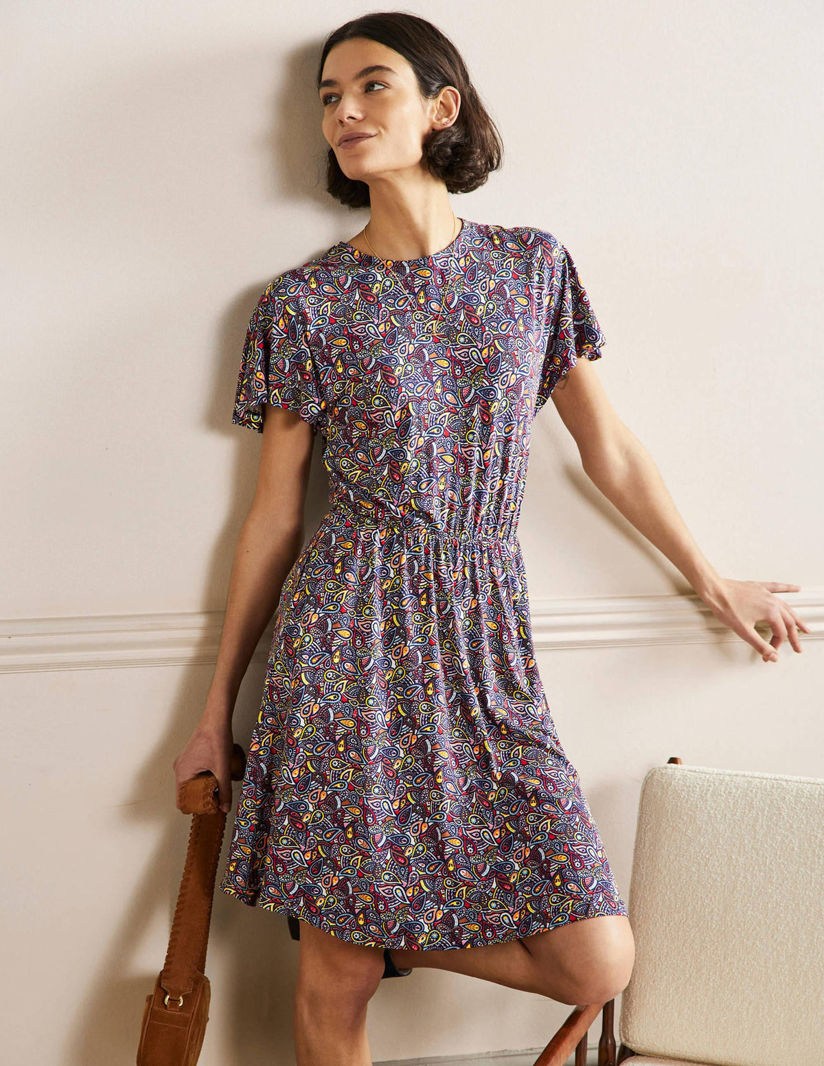 Flutter Sleeve Jersey Dress-Navy Paisley Blush - Image 2