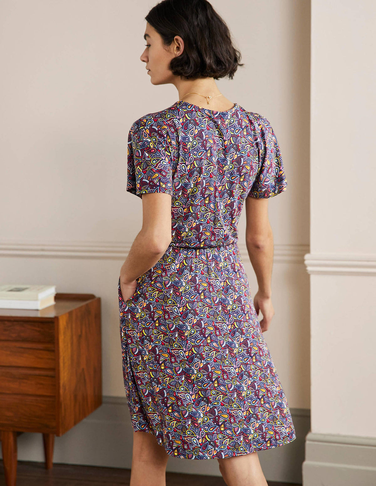 Flutter Sleeve Jersey Dress-Navy Paisley Blush-4