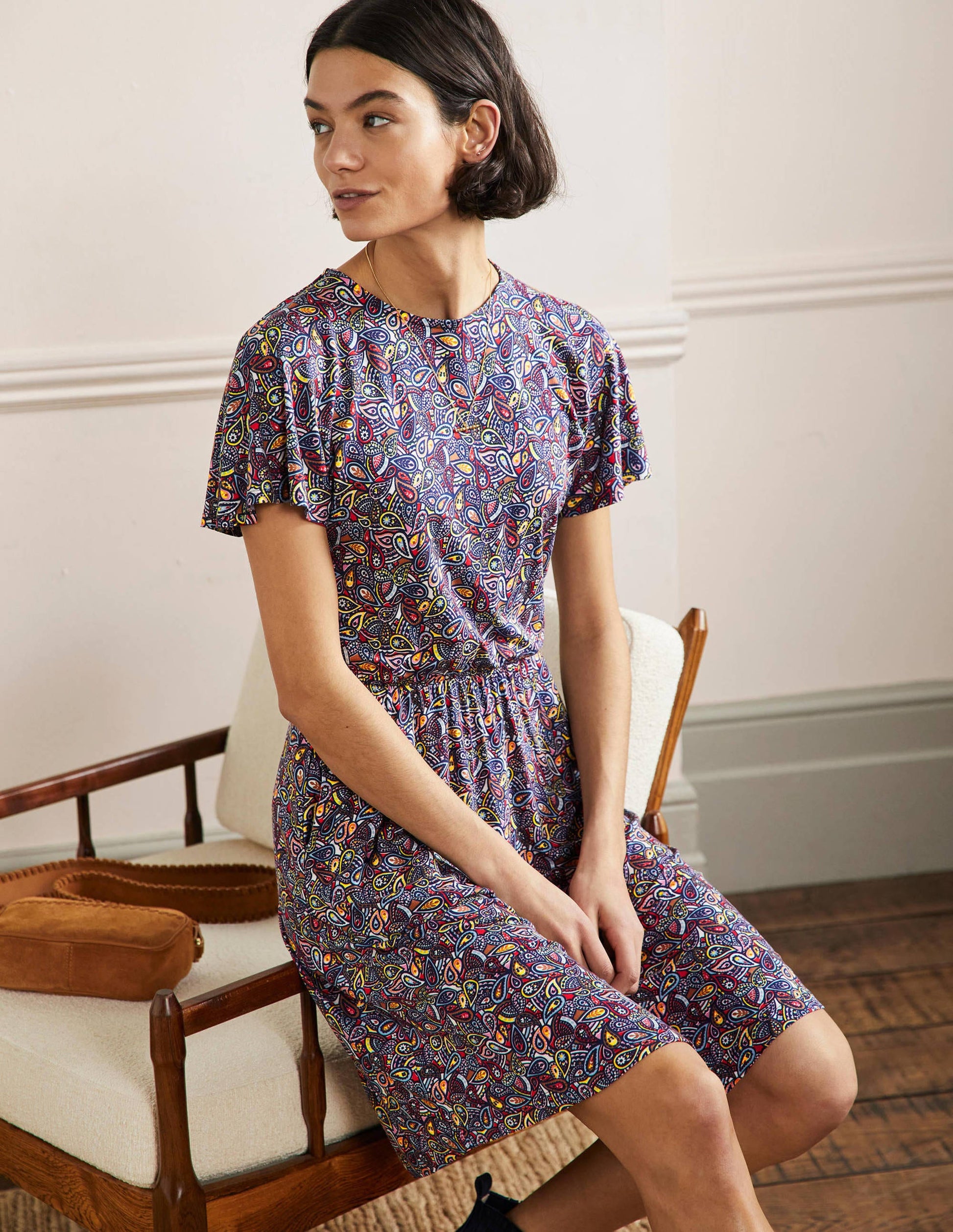 Flutter Sleeve Jersey Dress-Navy Paisley Blush-5