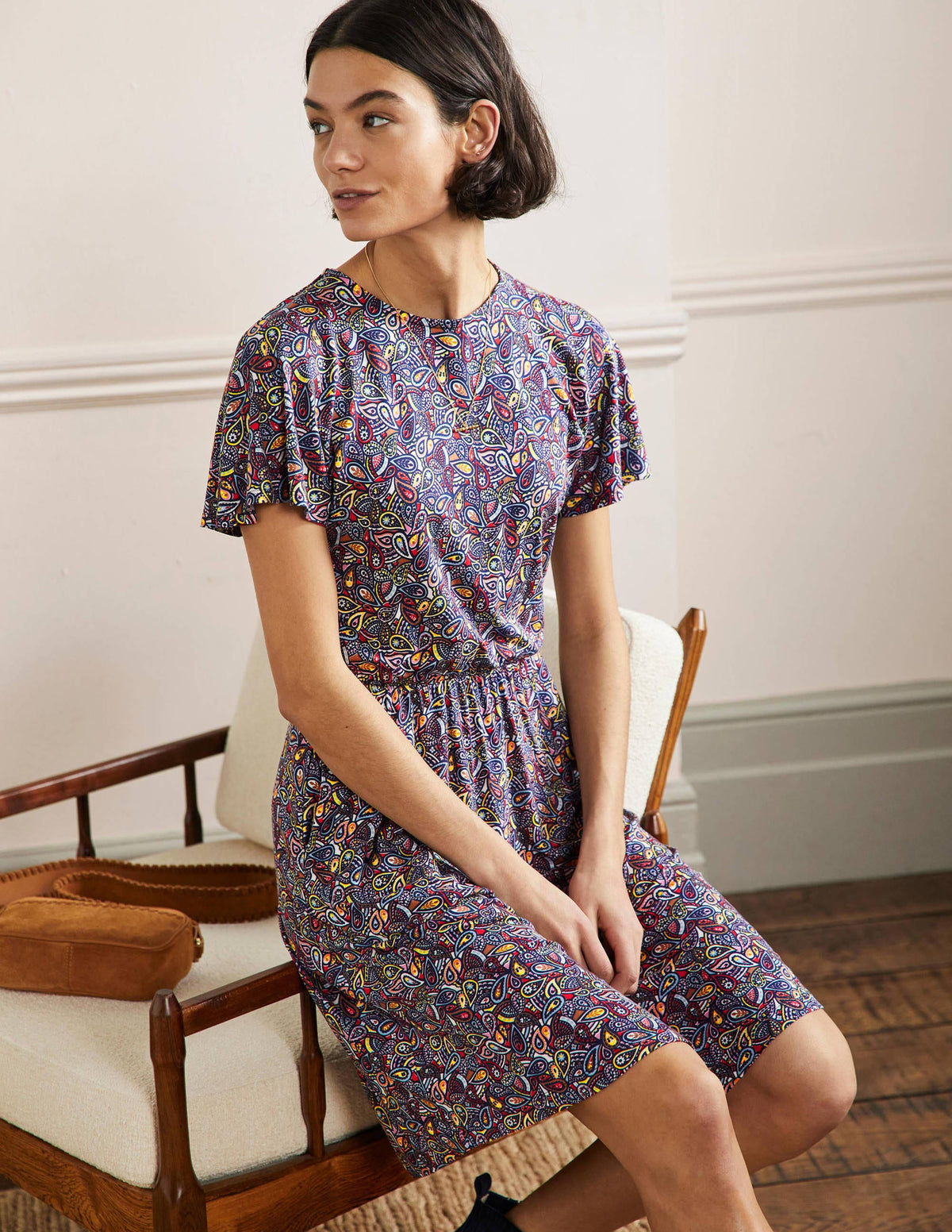 Flutter Sleeve Jersey Dress-Navy Paisley Blush - Image 5