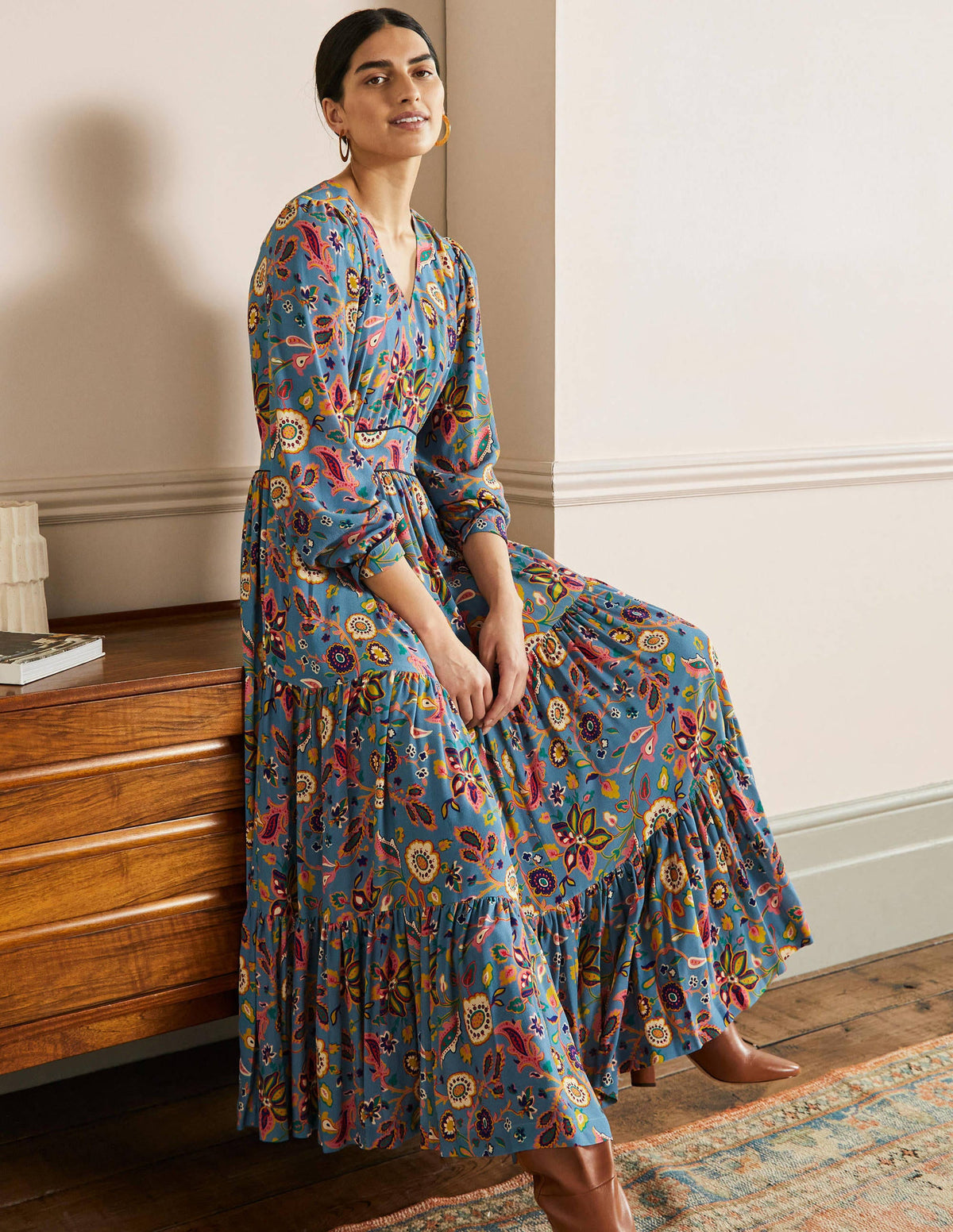 V-Neck Tiered Midi Dress-Dusty Blue, Opulent Paradise-1