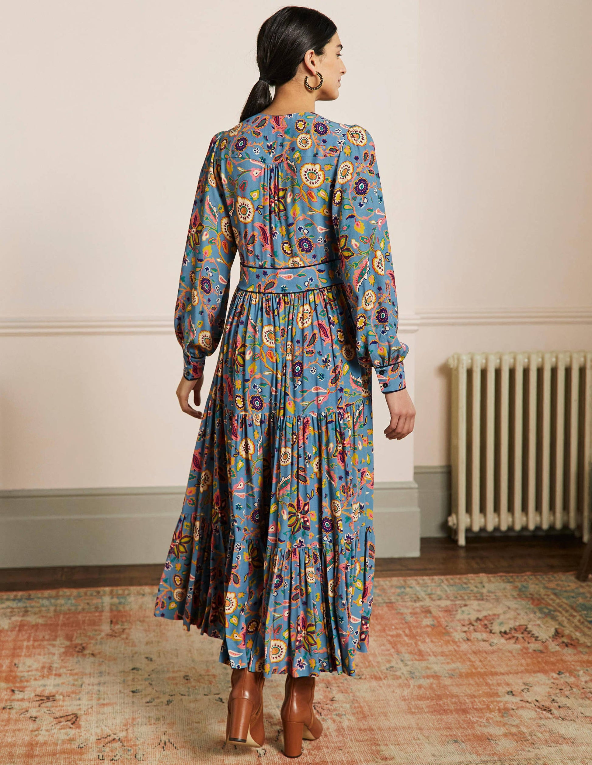 V-Neck Tiered Midi Dress-Dusty Blue, Opulent Paradise-3