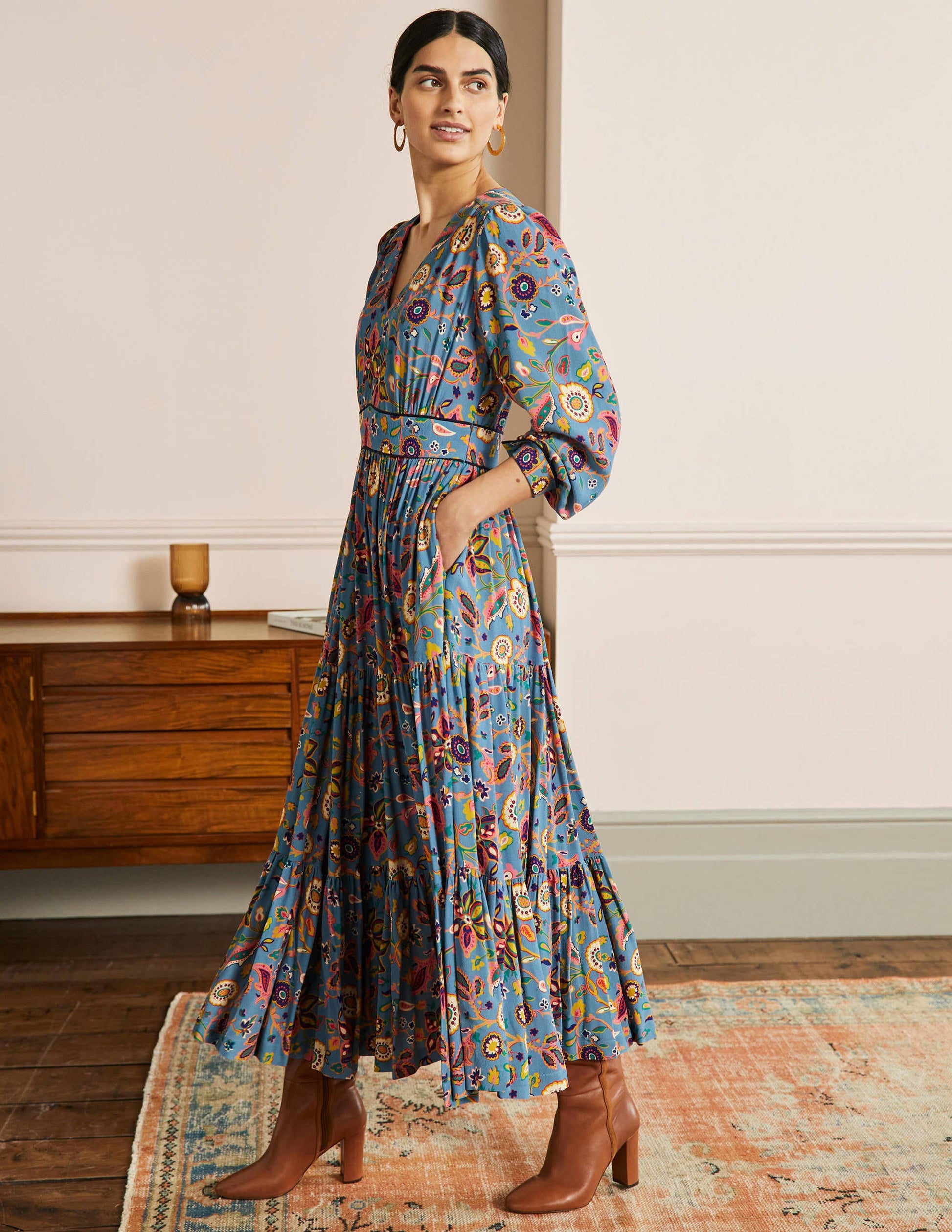 V-Neck Tiered Midi Dress-Dusty Blue, Opulent Paradise-4