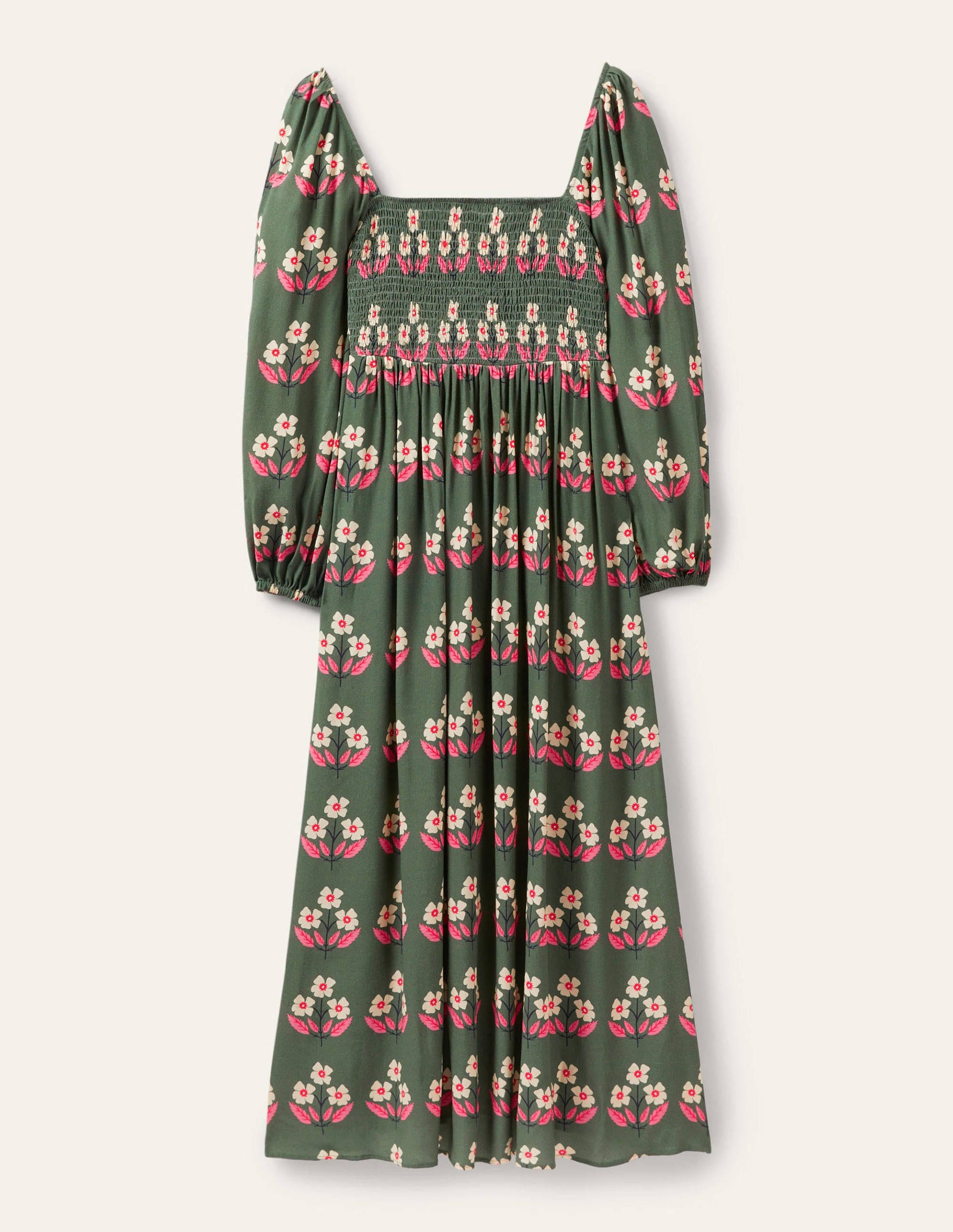 Square Neck Smocked Maxi Dress-Green, Blossoming Bud-5