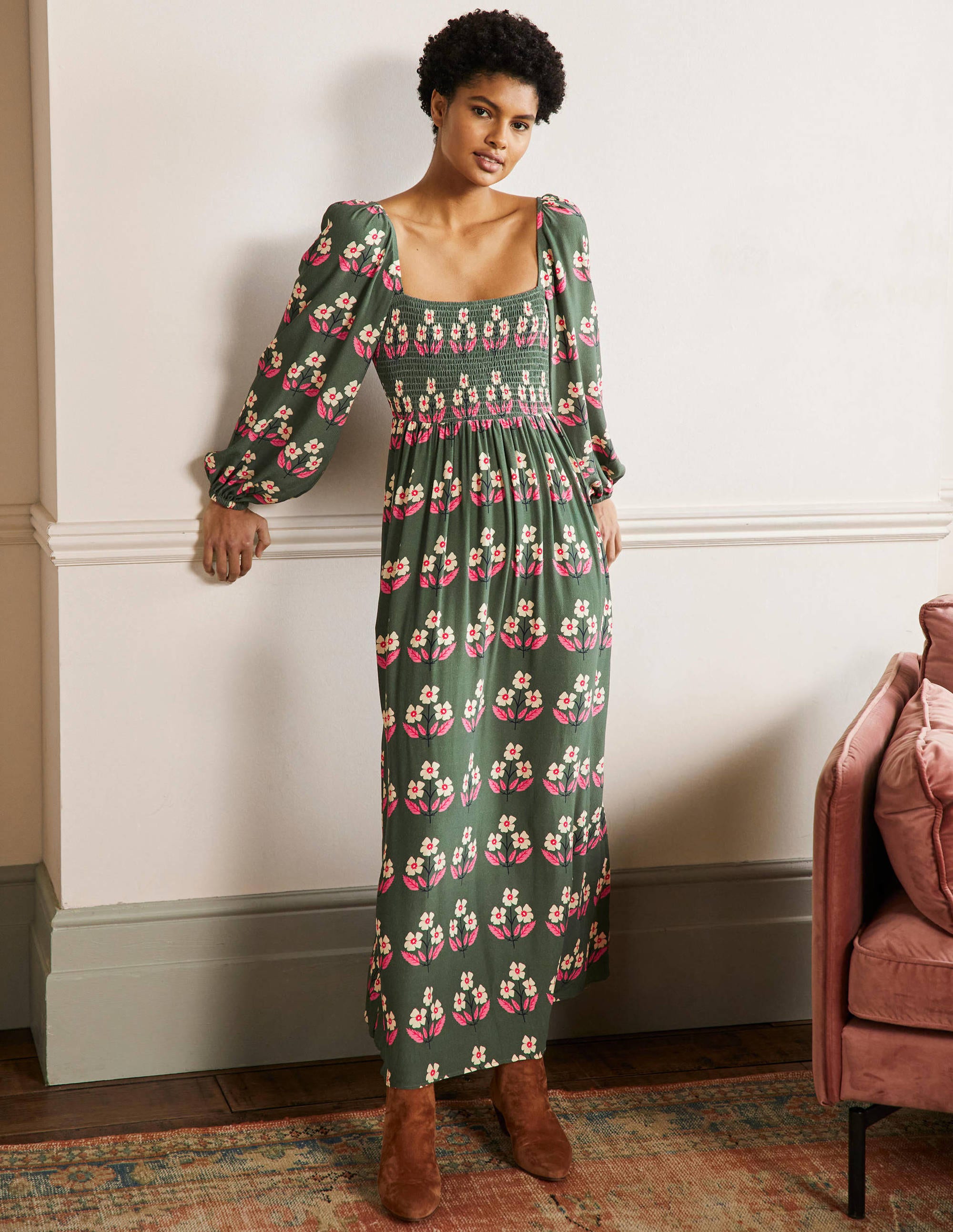 Square Neck Smocked Maxi Dress-Green, Blossoming Bud - Image 1