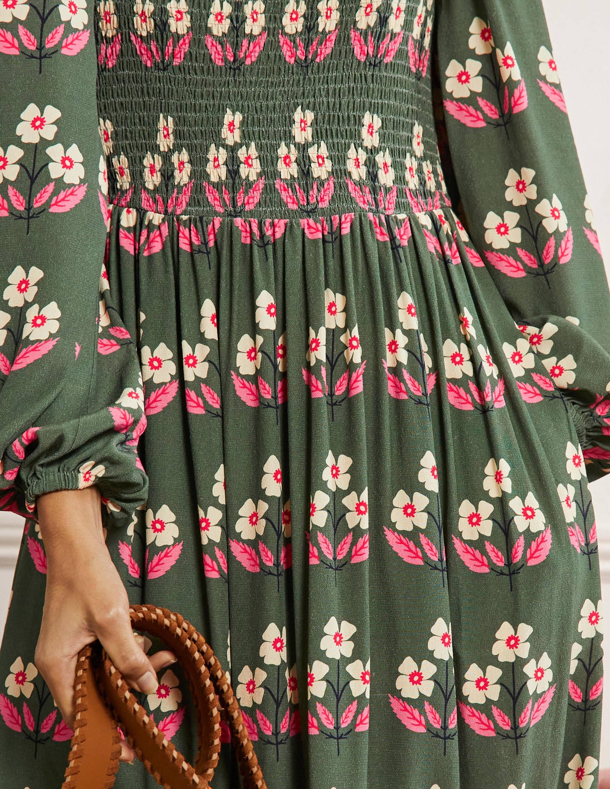 Square Neck Smocked Maxi Dress-Green, Blossoming Bud-2