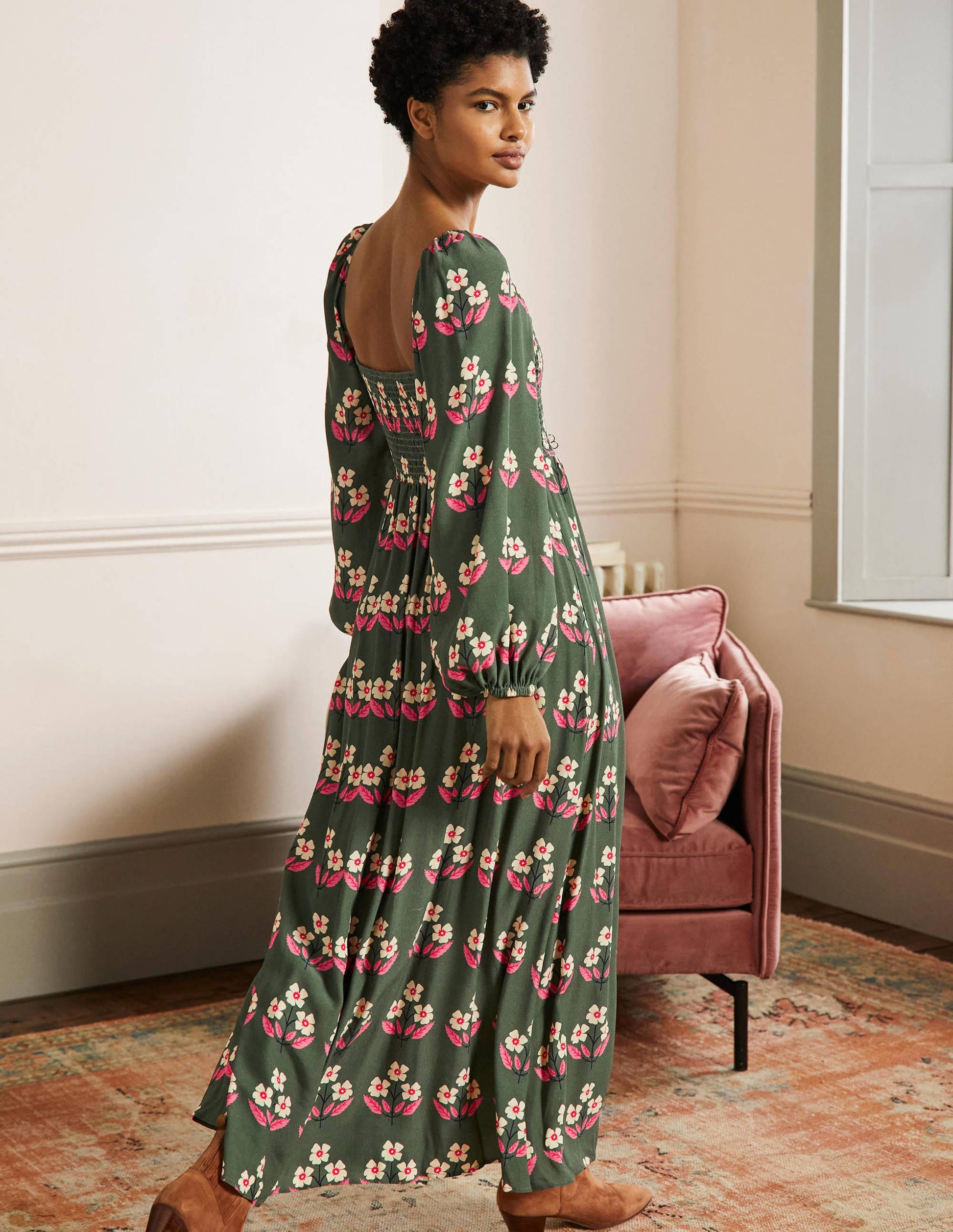 Square Neck Smocked Maxi Dress-Green, Blossoming Bud-3