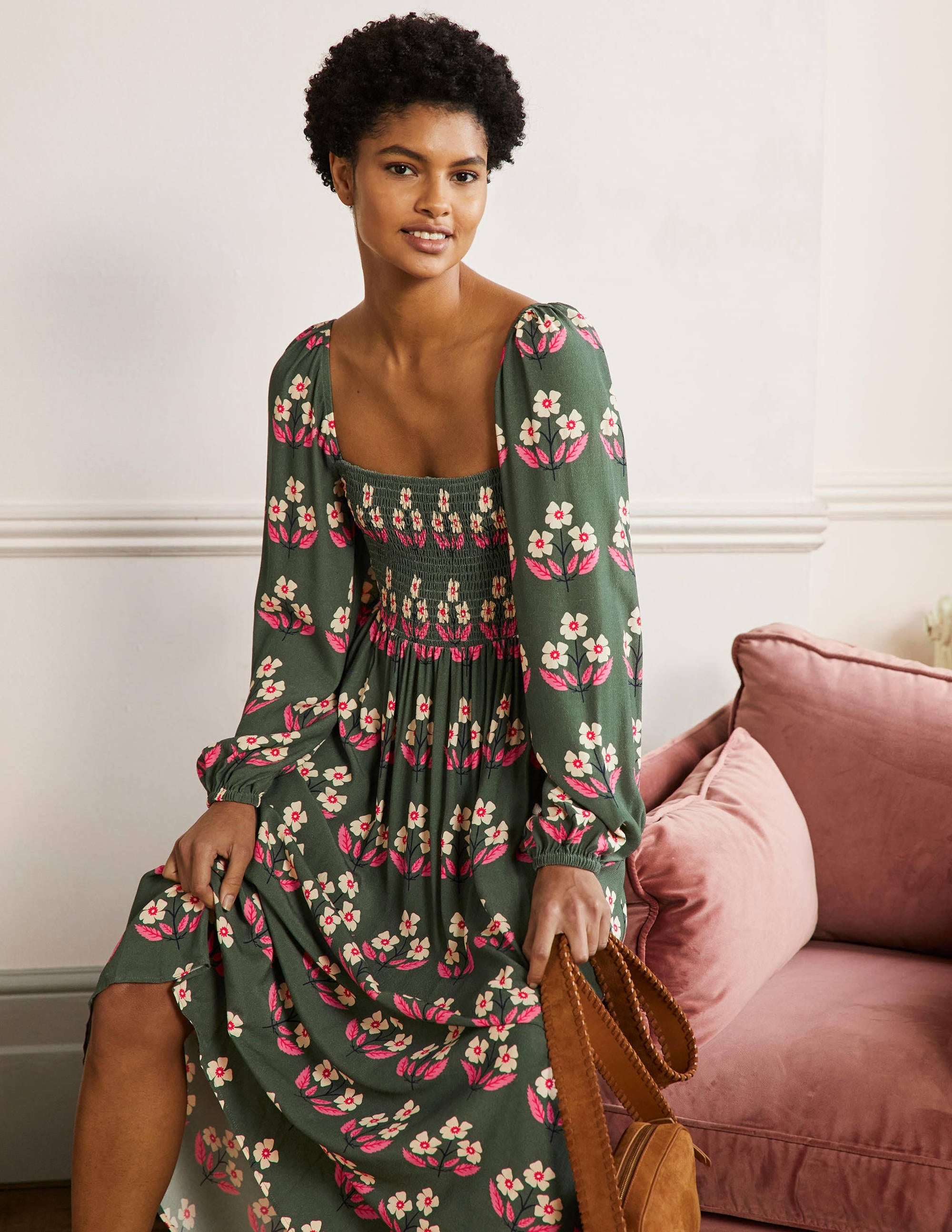 Square Neck Smocked Maxi Dress-Green, Blossoming Bud - Image 4