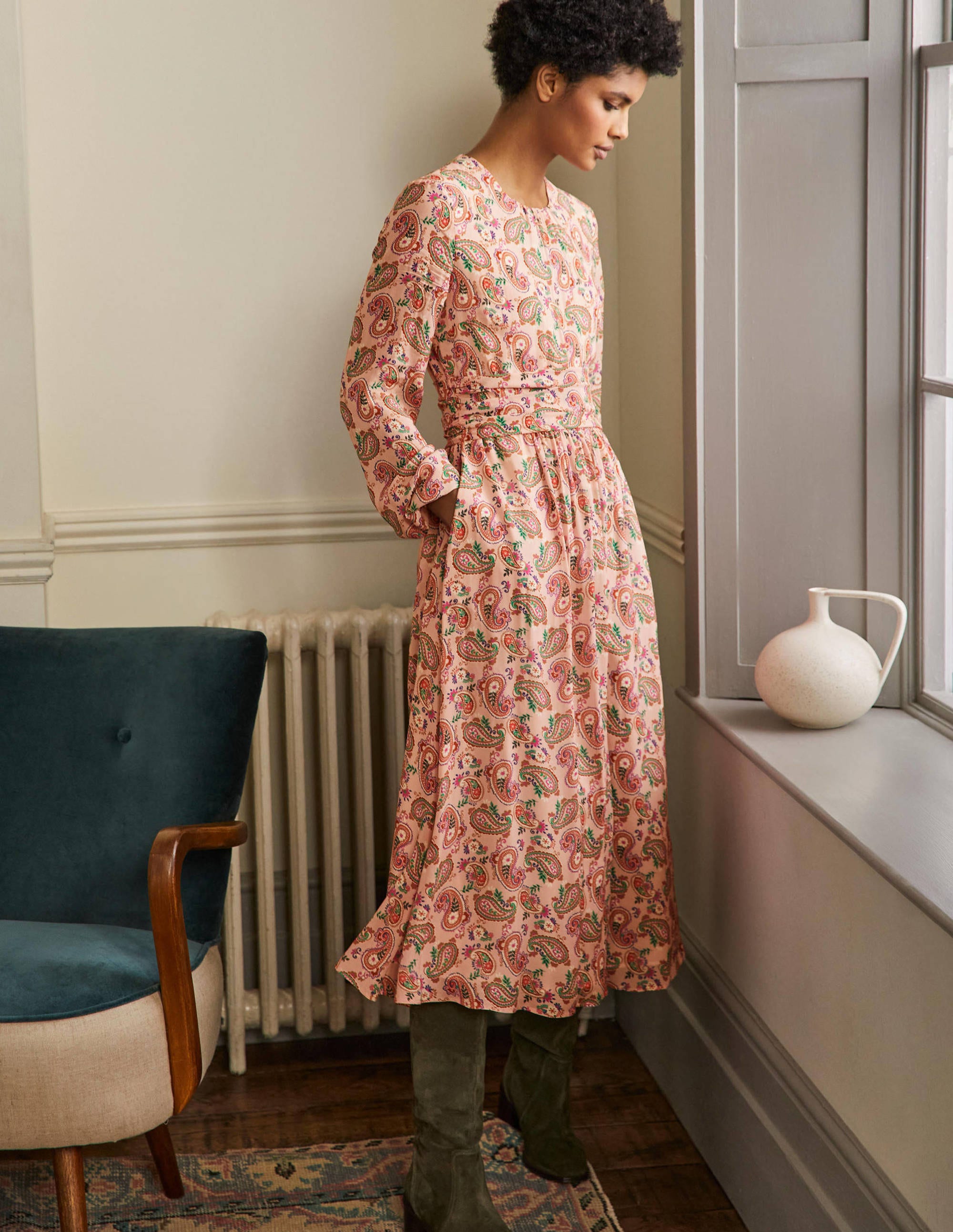Ruched Waist Midi Dress-Milkshake, Paisley Bloom - Image 1