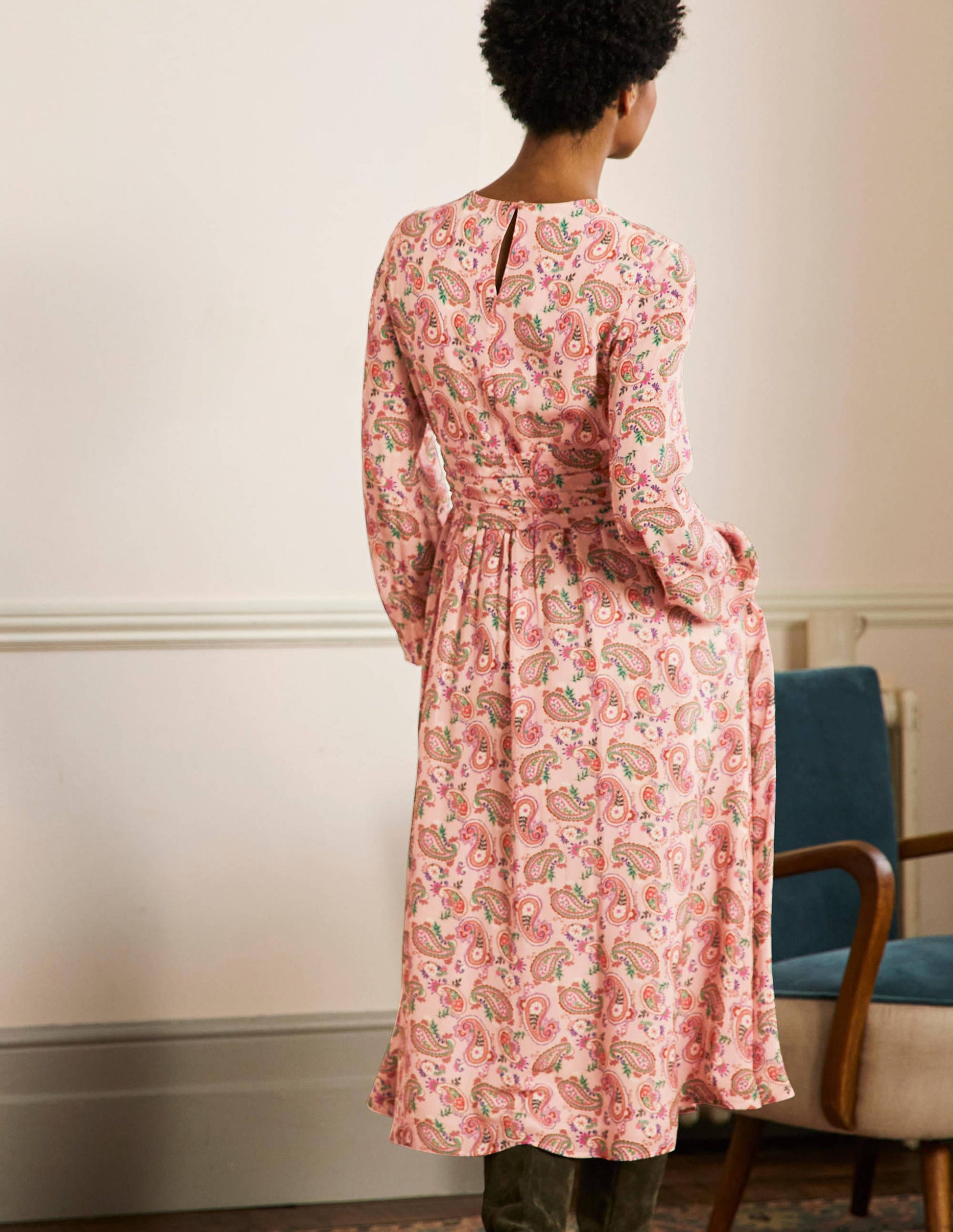 Ruched Waist Midi Dress-Milkshake, Paisley Bloom-3
