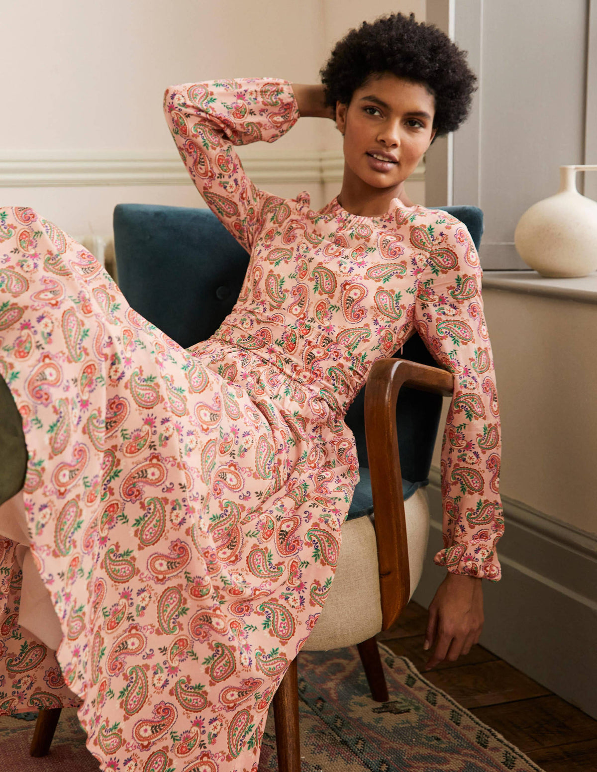 Ruched Waist Midi Dress-Milkshake, Paisley Bloom - Image 4