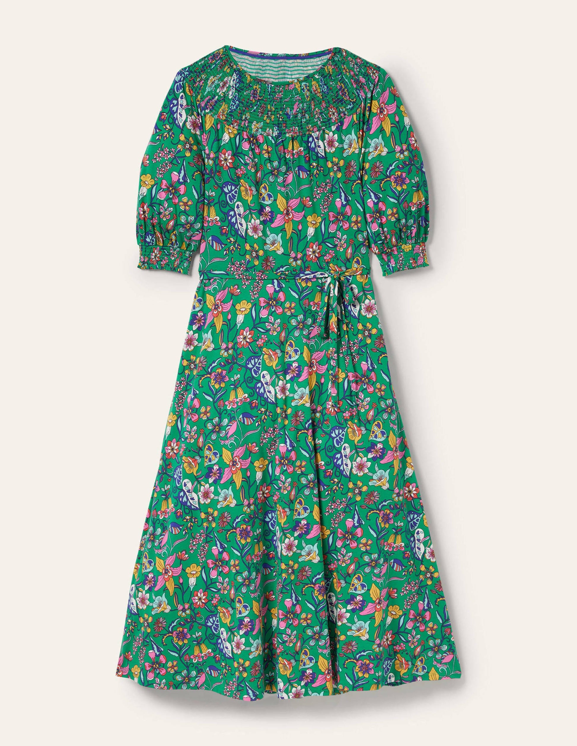 Smocked Neck Jersey Midi Dress-Highland Green Floral-6