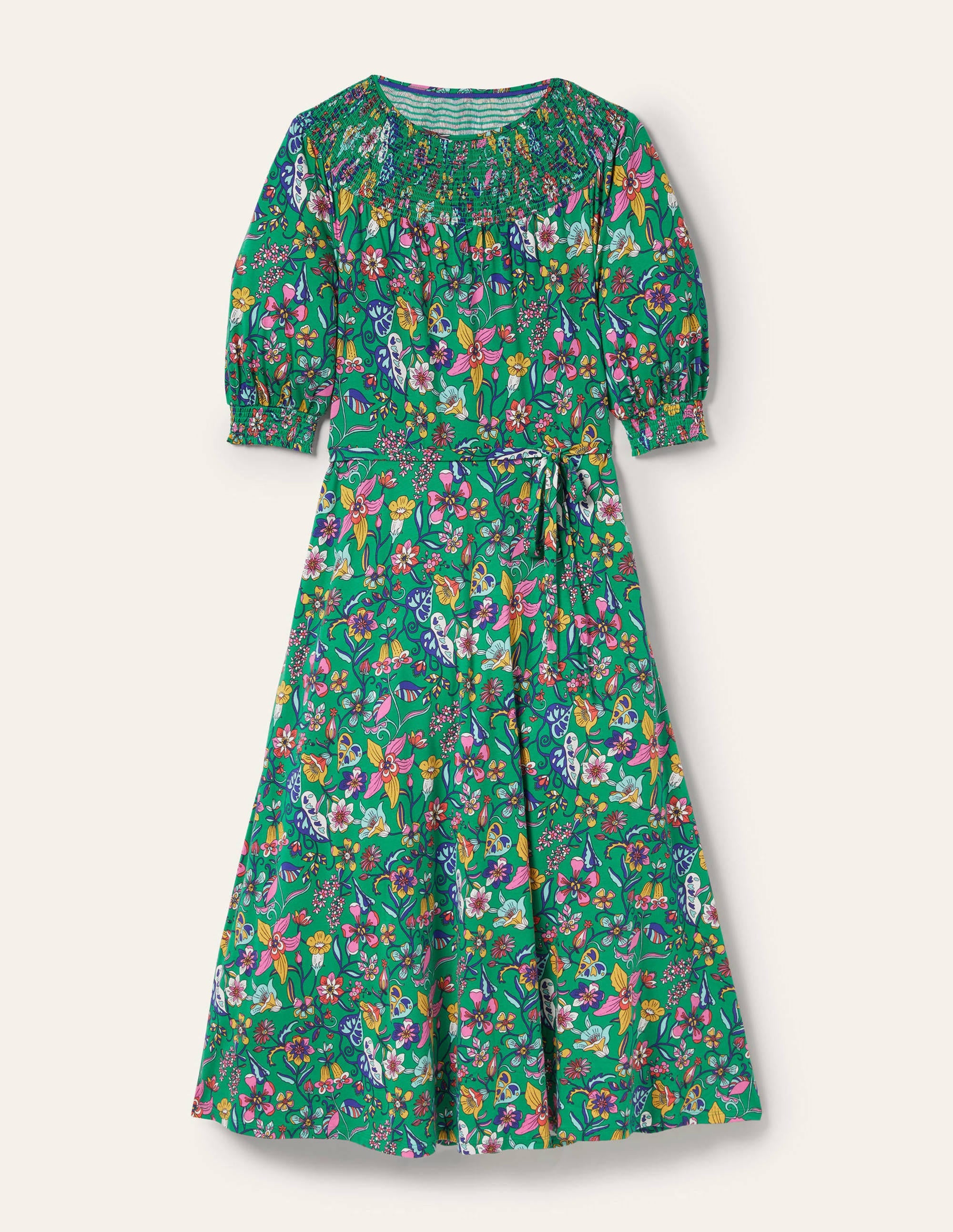 Smocked Neck Jersey Midi Dress-Highland Green Floral - Image 6