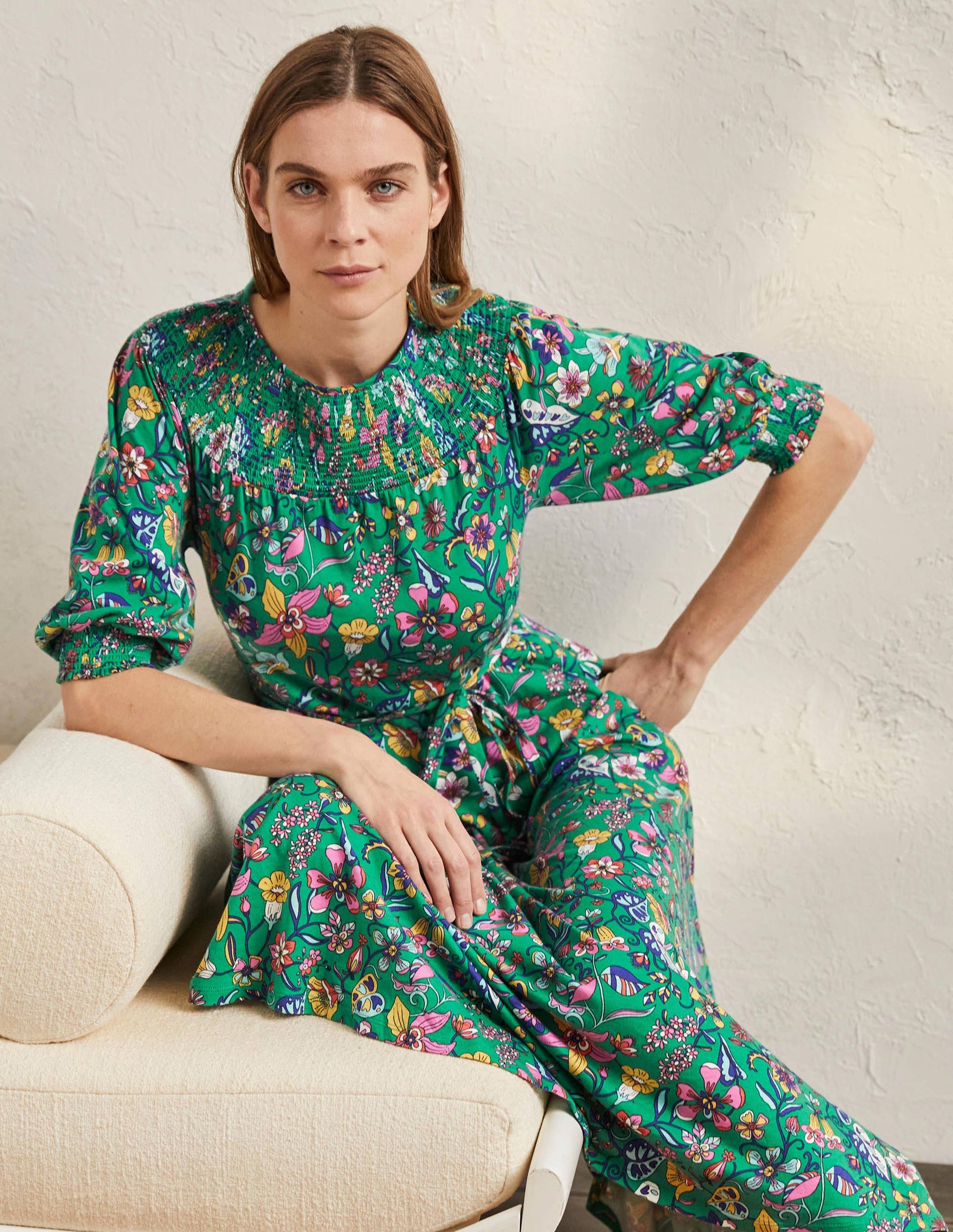Smocked Neck Jersey Midi Dress-Highland Green Floral-1