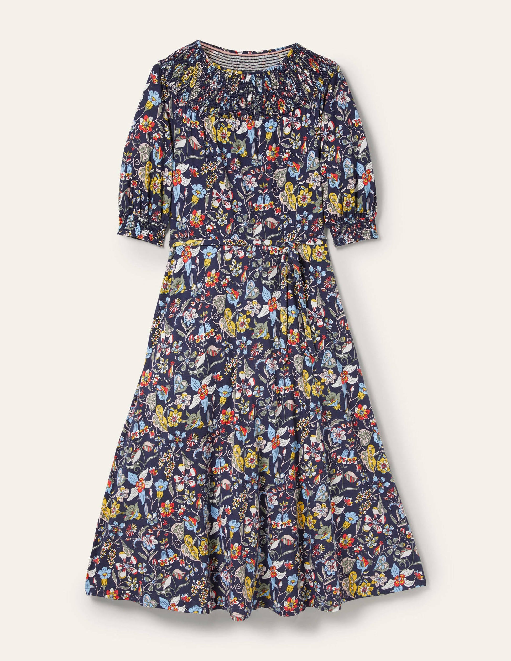 Smocked Neck Jersey Midi Dress-French Navy Floral-6