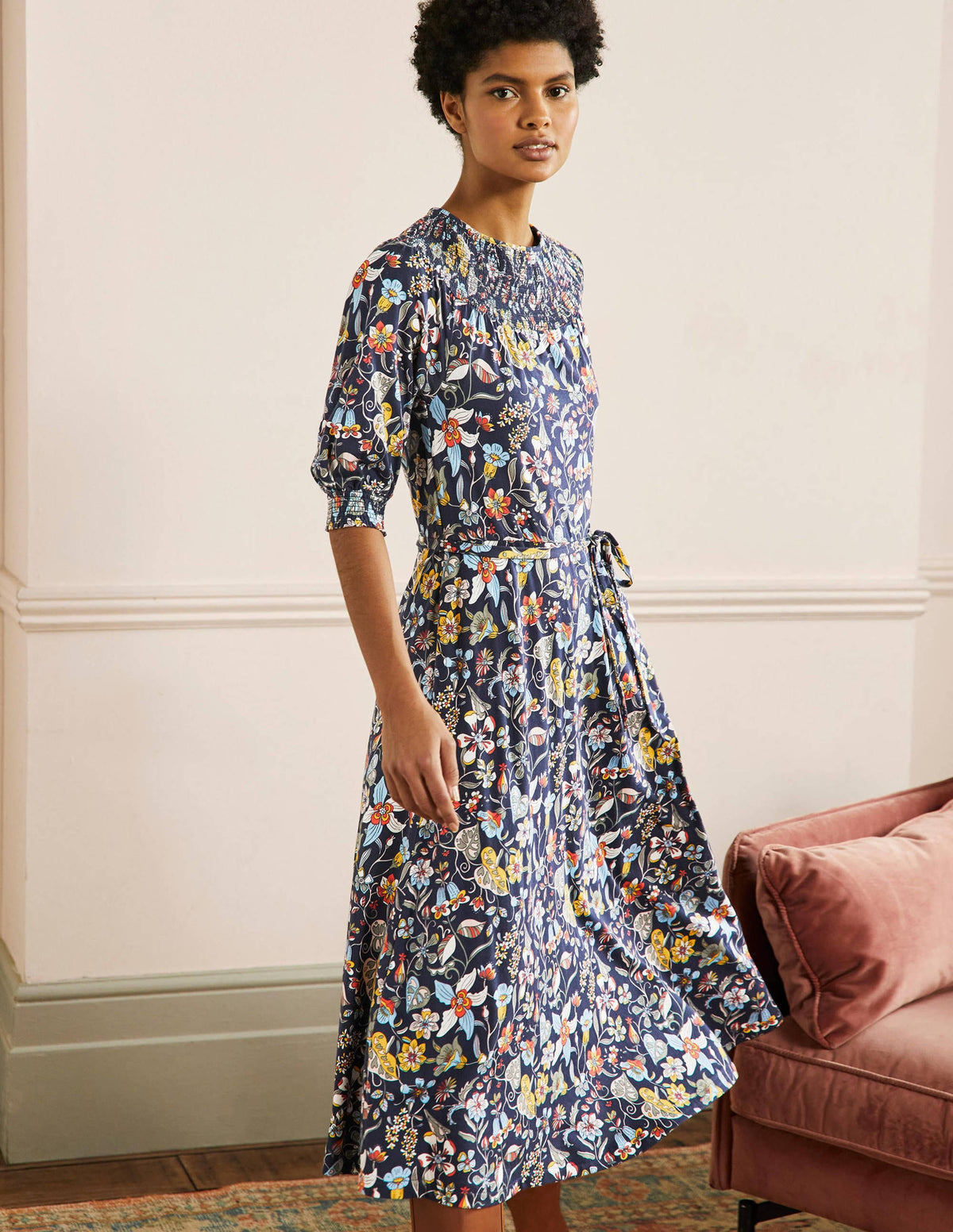 Smocked Neck Jersey Midi Dress-French Navy Floral-1