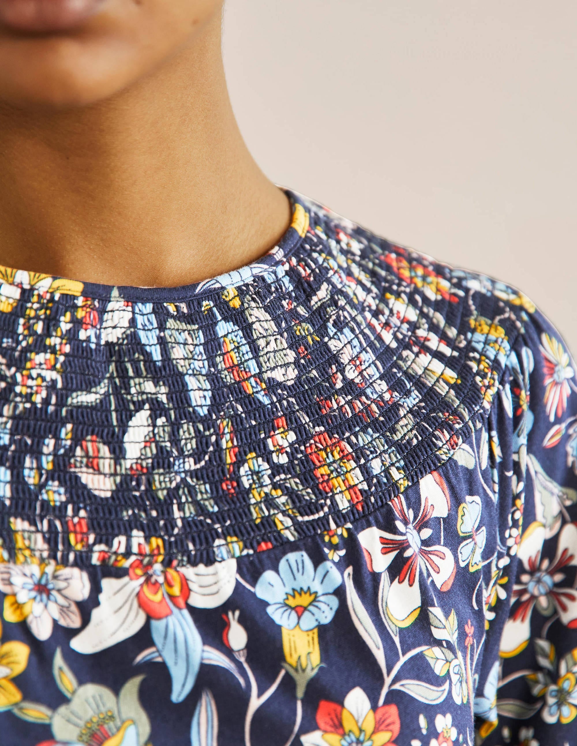 Smocked Neck Jersey Midi Dress-French Navy Floral - Image 2
