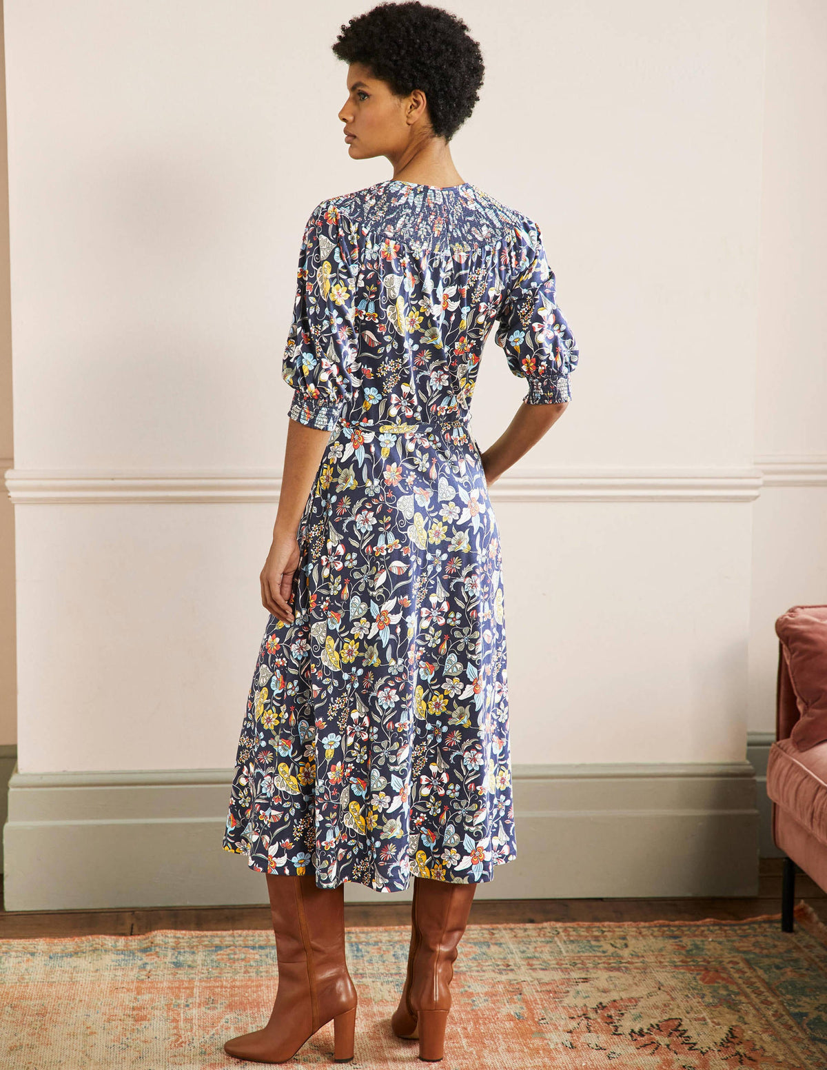 Smocked Neck Jersey Midi Dress-French Navy Floral - Image 3