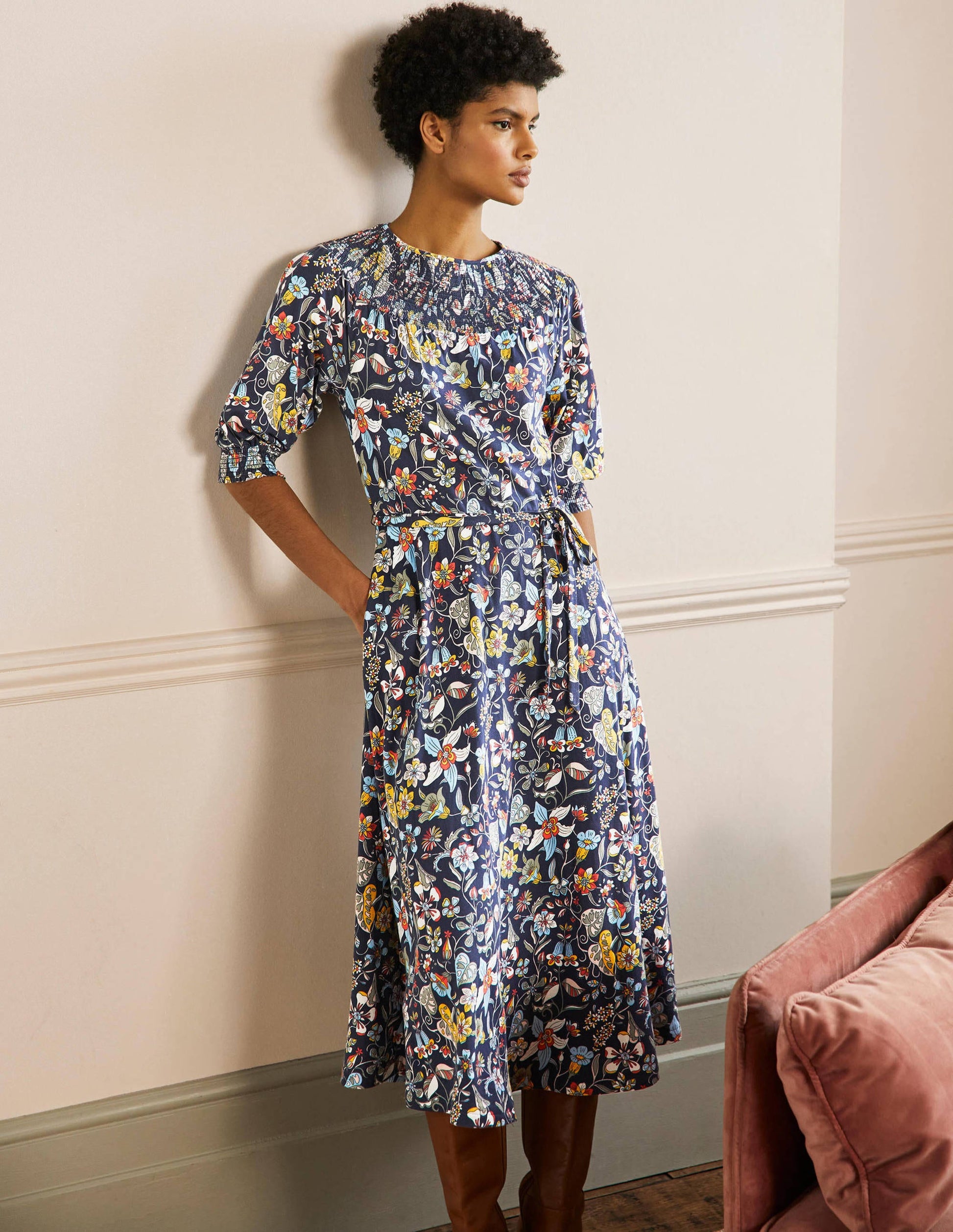 Smocked Neck Jersey Midi Dress-French Navy Floral-4