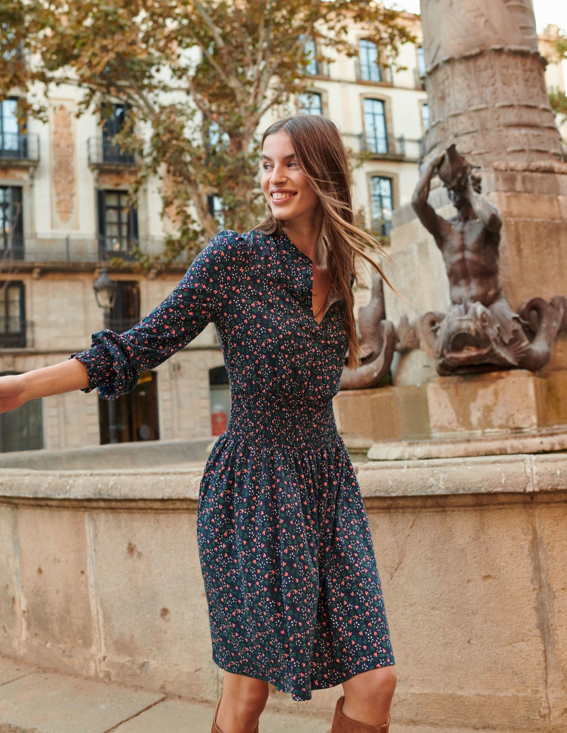 Smocked Jersey Shirt Dress-French Navy, Flora Berry-7